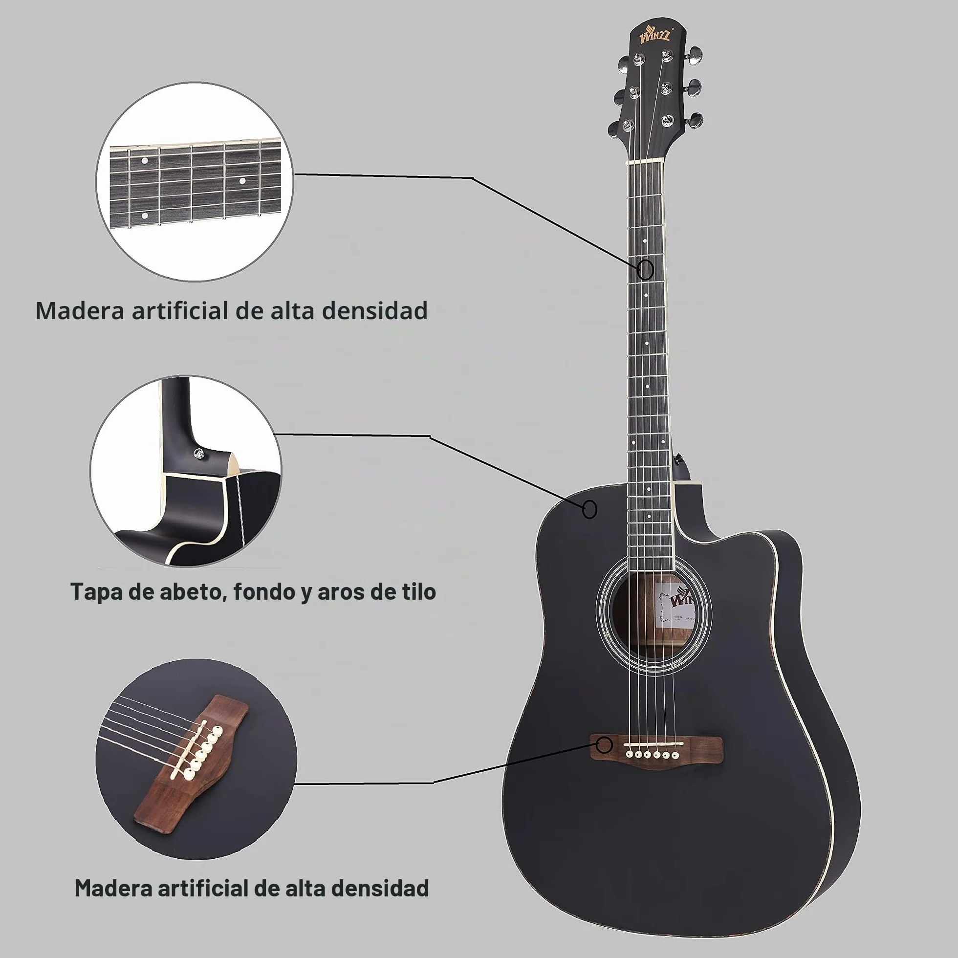 Winzz 41 Pulgadas Acoustic Guitar 4/4 Tamaño Completo para Adolescente Adulto Principiante Set, Negro Cutaway