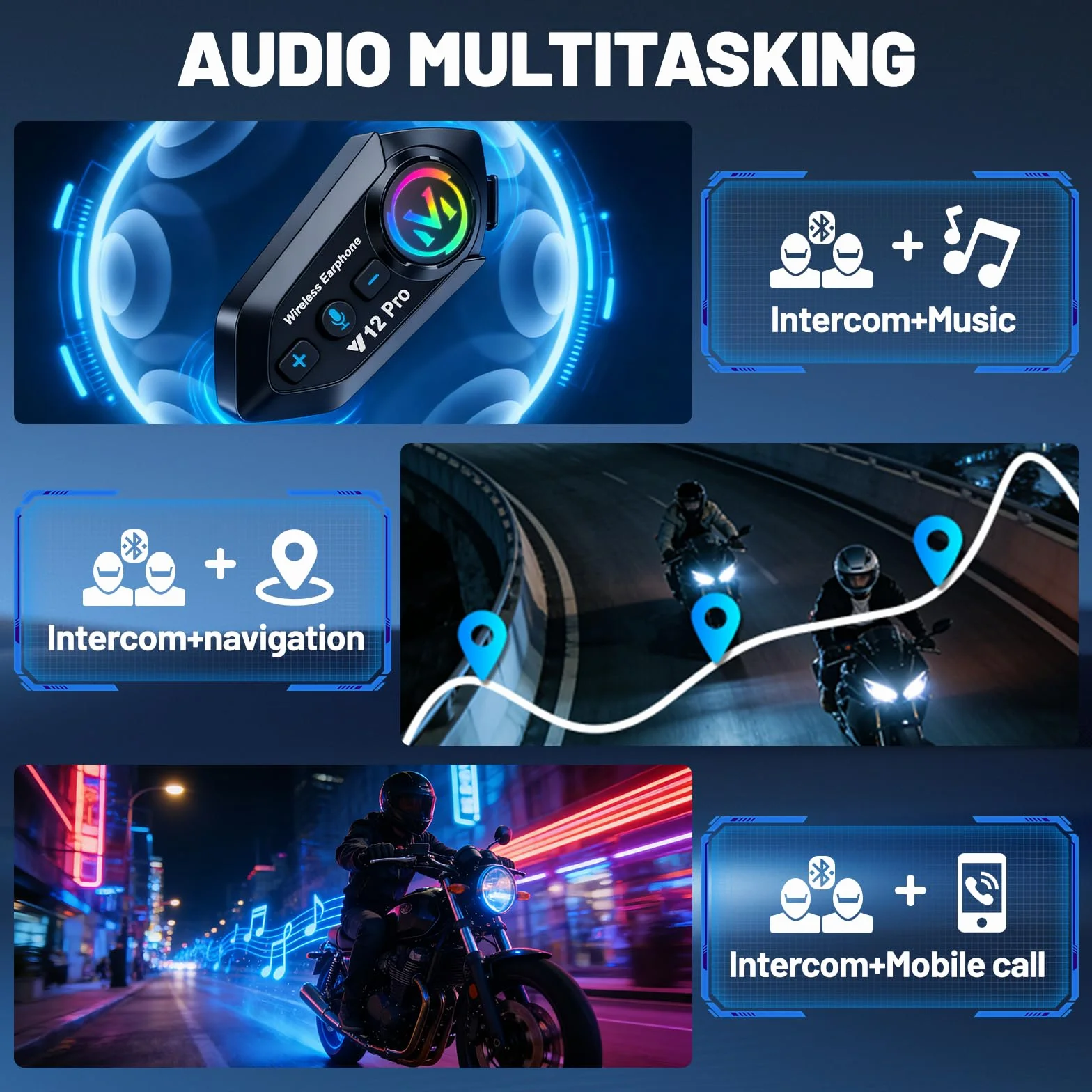 Intercom Moto Duo BT 5.4 Sistema de Comunicación 500 m IP56 Resistente al Agua para 2 Cascos