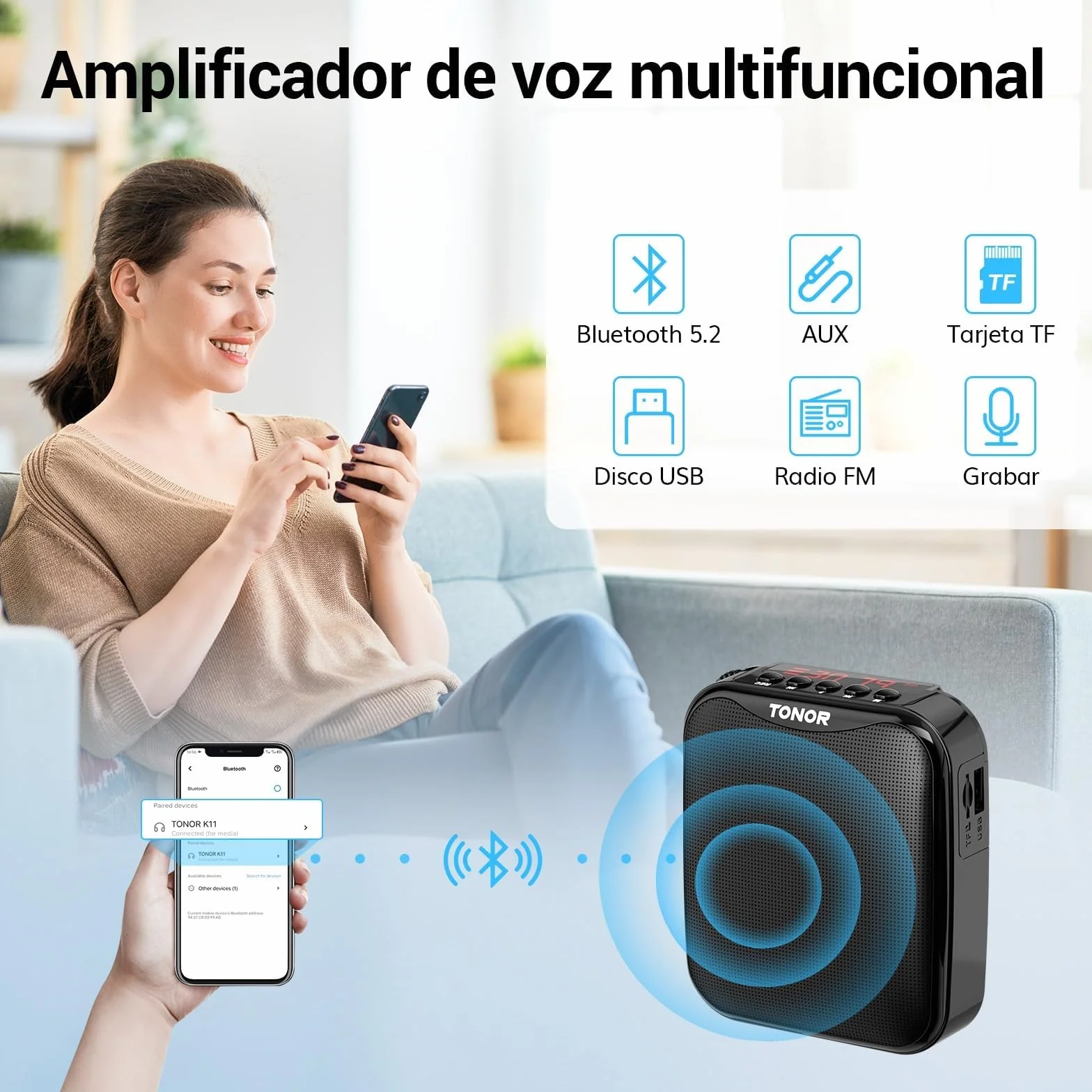 TONOR 15W Wireless Altavoz con Microfono Inalambrico，Amplificador de Voz Bluetooth Portátil, PA Sistema de Microfono Recargable para Profesores, Guías Turísticos, Entrenadores Deportivos, 25 m,K11