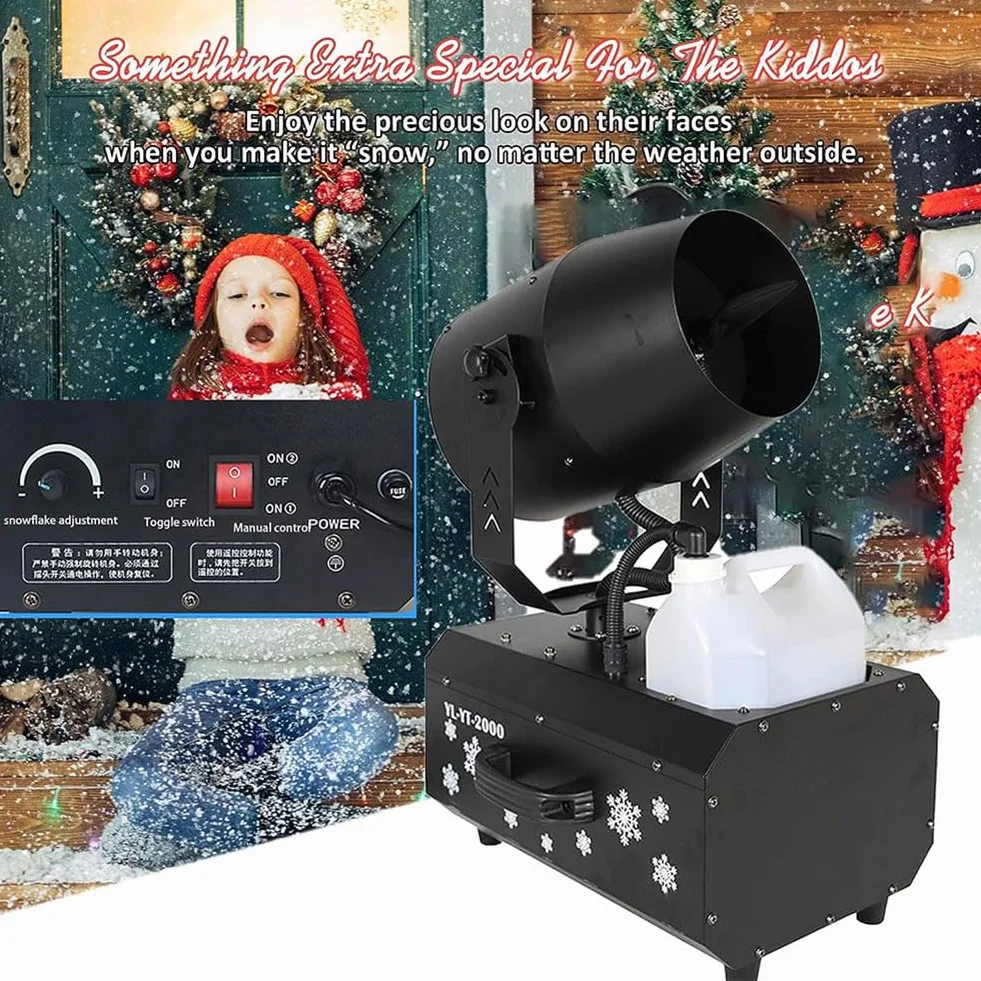 Máquina de nieve para exteriores, 2000 W, máquina comercial para hacer nieve con control remoto y funda de vuelo, perfecta para Navidad, boda, fiesta infantil, efecto escenario, Halloween,