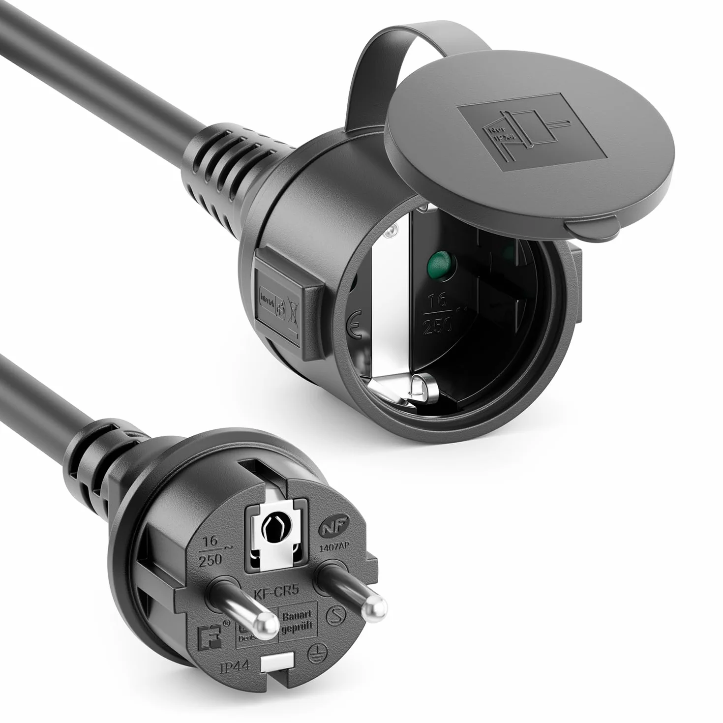 deleyCON Cable de Extensión Exterior Eléctrico IP44 5m H07RN-F 3G1.5mm² Negro