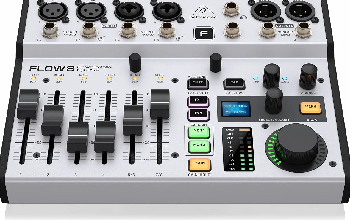 Behringer FLOW 8 Mezclador Digital De 8 Entradas Con Control De Audio Y De Aplicaciones Por Bluetooth, Faders De Canal De 60 Mm, 2 Procesadores De Efectos Y Una Interfaz USB/De Audio