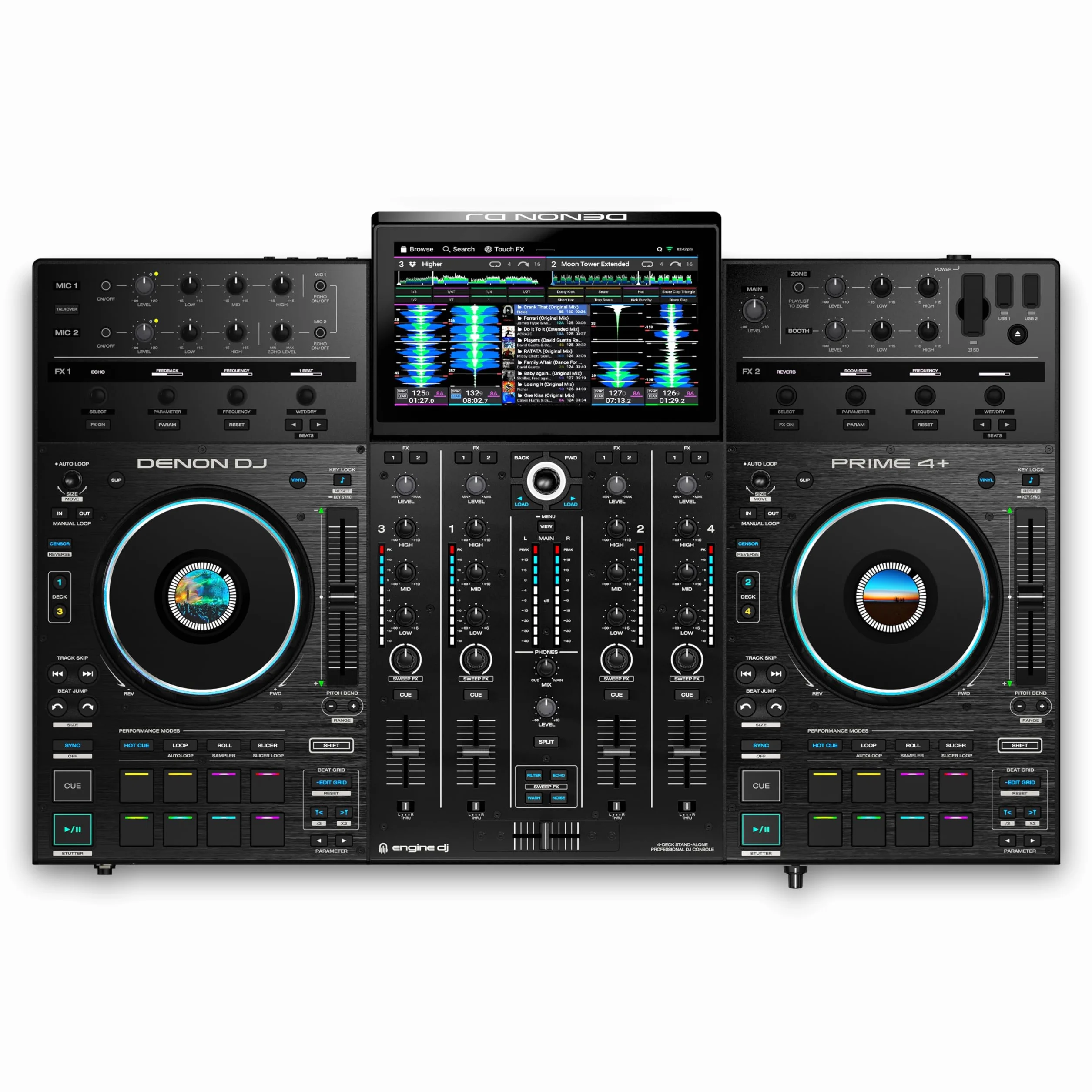 Denon DJ PRIME 4+ Controlador DJ Autónomo con Separación de Stems en 4 Decks, Streaming por WIFI, Mezclador, Pantalla Táctil 10.1-Pugadas, Control de Luces, Negro
