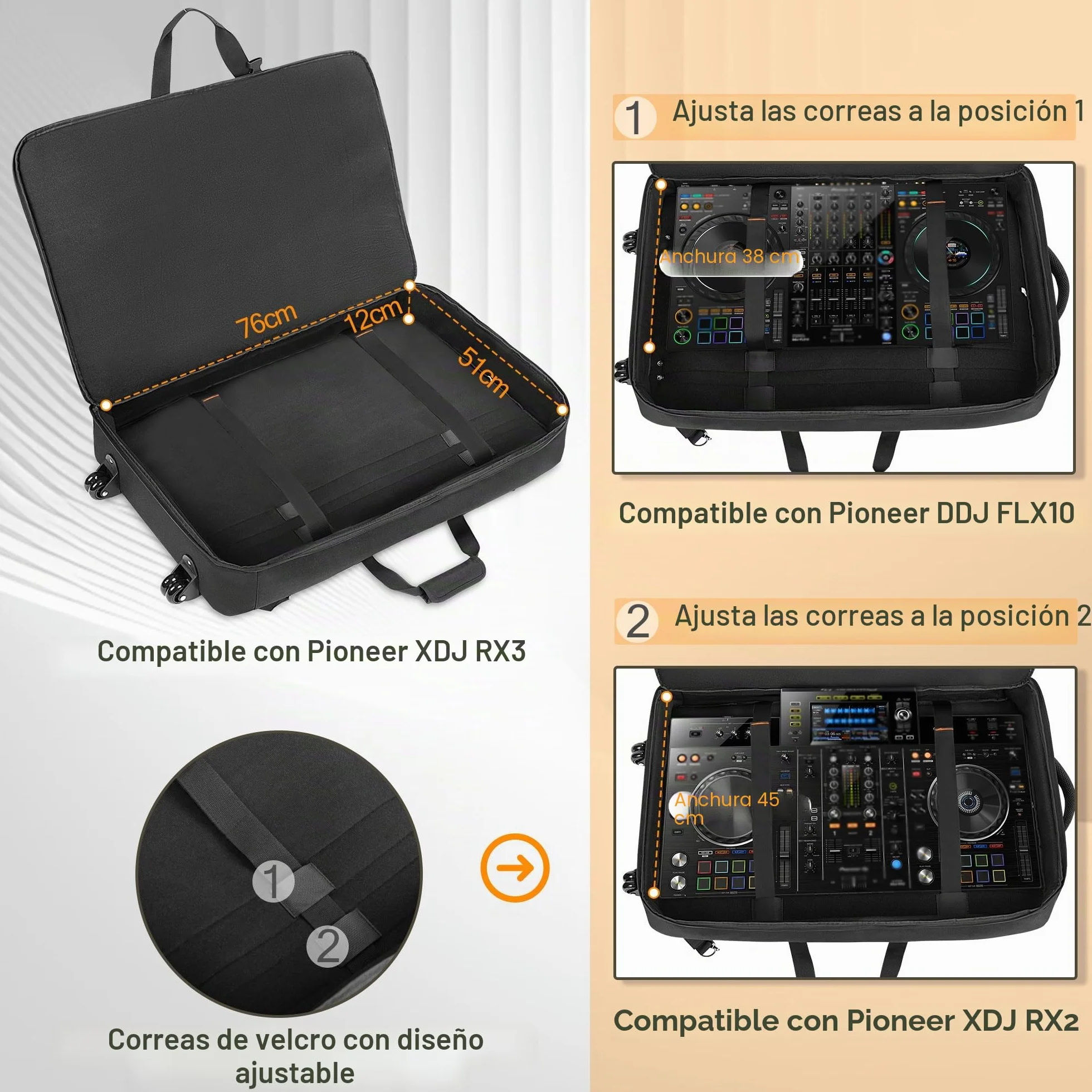 Rexmica Bolsa de Transporte para Controlador DJ con Ruedas, Compatible con Pioneer XDJ RX2/ XDJ RX3/ XDJ-RX/DDJ-FLX10/ DDJ REV7/ DDJ 1000SRT, Mochila Acolchada con 2 Bolsillos para DJ Accesorios
