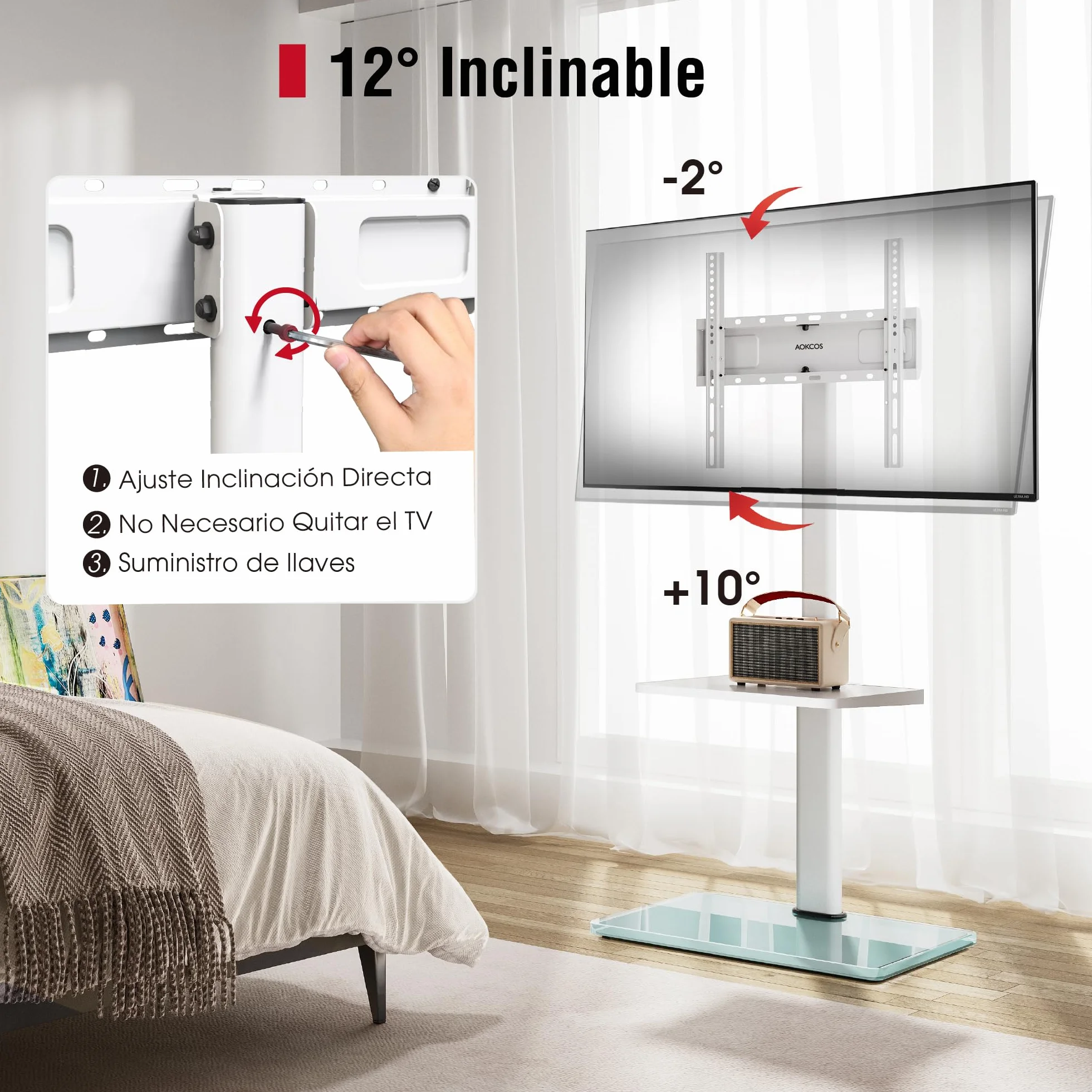 AOKCOS Soporte TV Pie Suelo para 32-70 Pulgadas, Inclinable Giratorio Altura Ajustable, con Laminado máx VESA 400x400mm 40kg Blanco