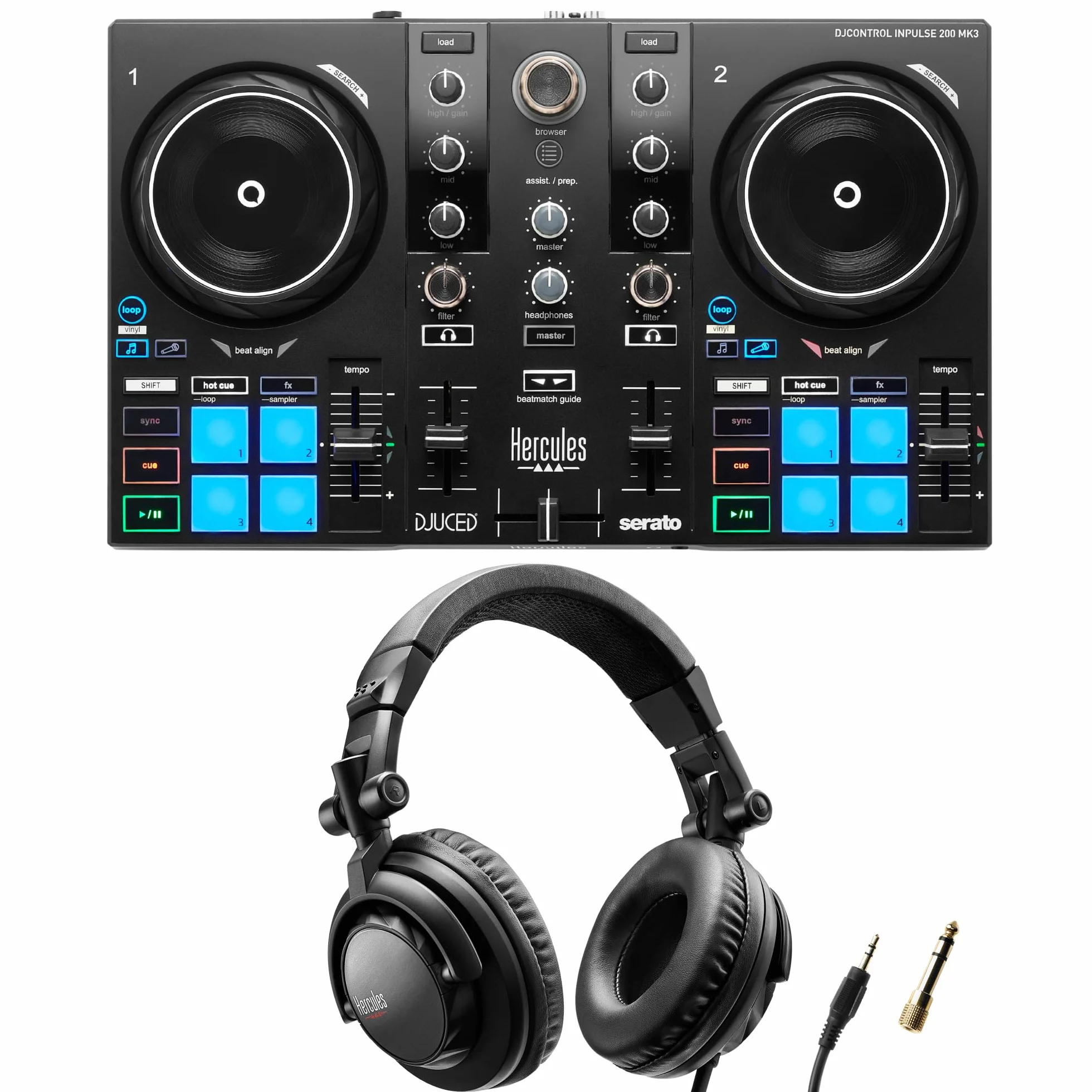 Hercules DJControl Inpulse 200 MK3 - Controladora DJ con Auriculares Hercules HDP DJ45 - Kit de Inicio para DJ - Incluye Serato DJ Lite y DJUCED - Sistema DJ USB de 2 Canales para Principiantes