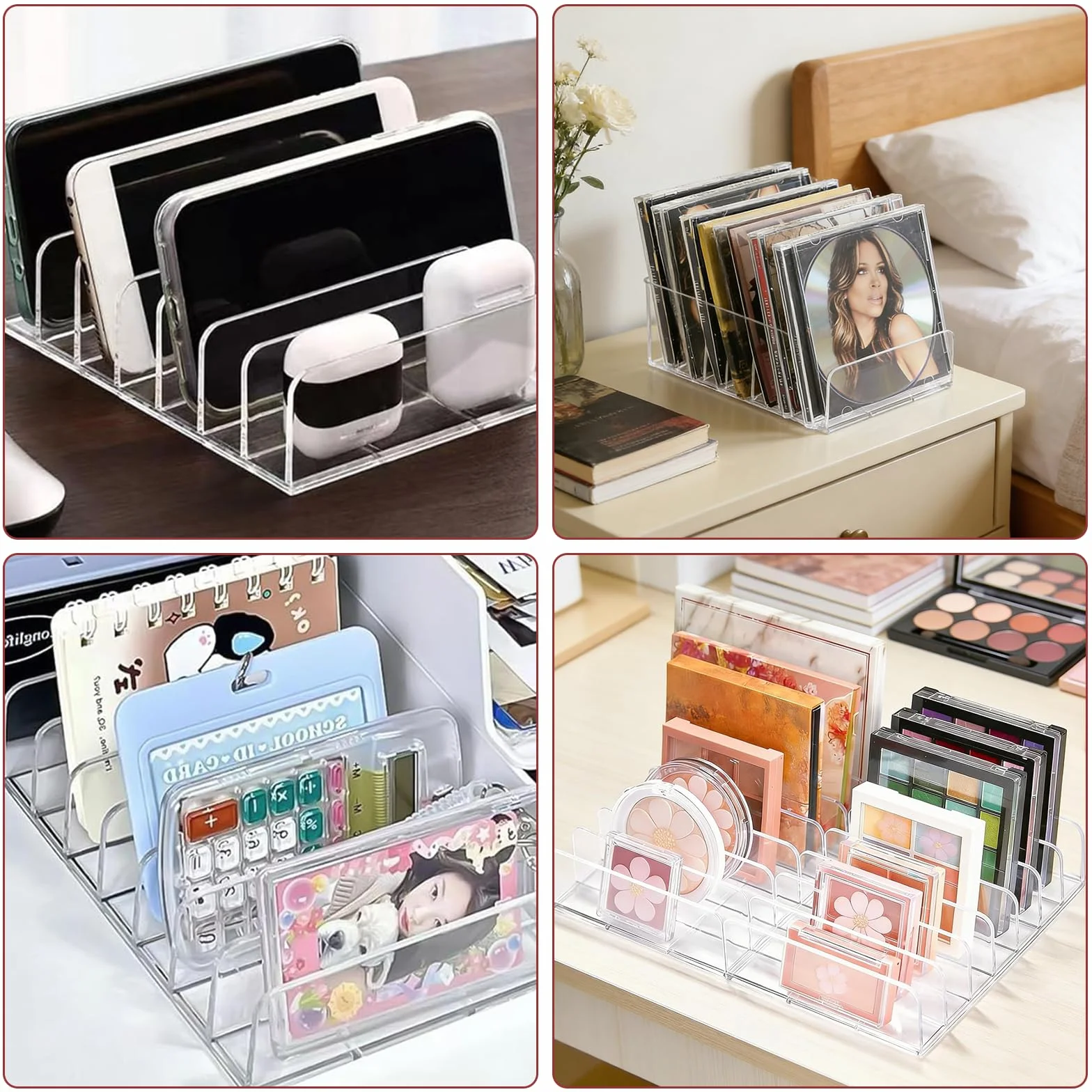 4 Piezas Estante para CD de Acrílico Transparente Exhibidor para DVD/Blu-ray Organizador Vertical con Múltiples Compartimentos Almacenamiento para Videojuegos, Libros, Cosméticos Estante de Escritorio
