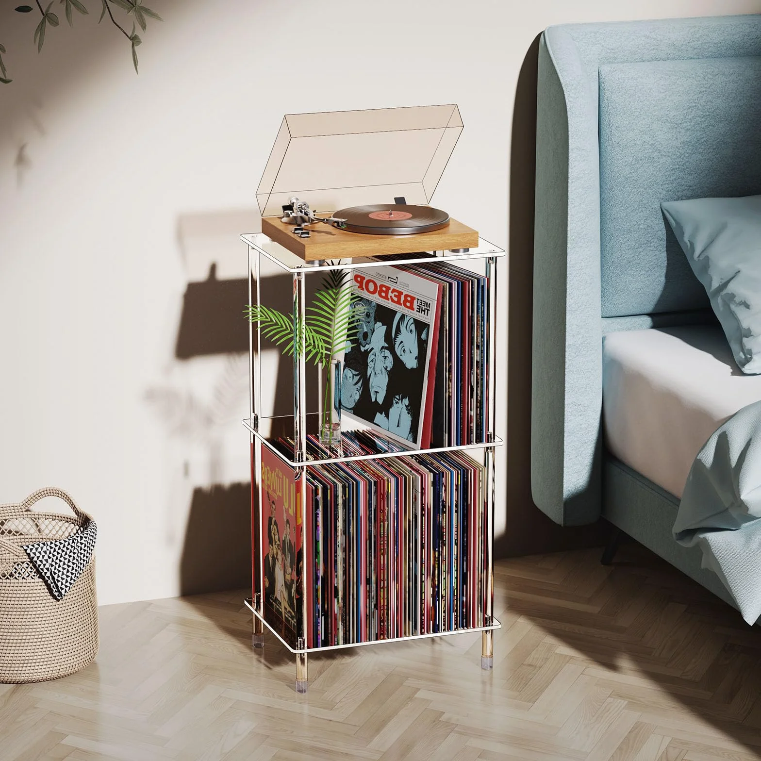 Soporte acrílico para tocadiscos, mesa giratoria transparente de 3 niveles con almacenamiento de discos de vinilo, 15.75 pulgadas de largo x 11.8 pulgadas de ancho x 30.7 pulgadas de alto, mesa
