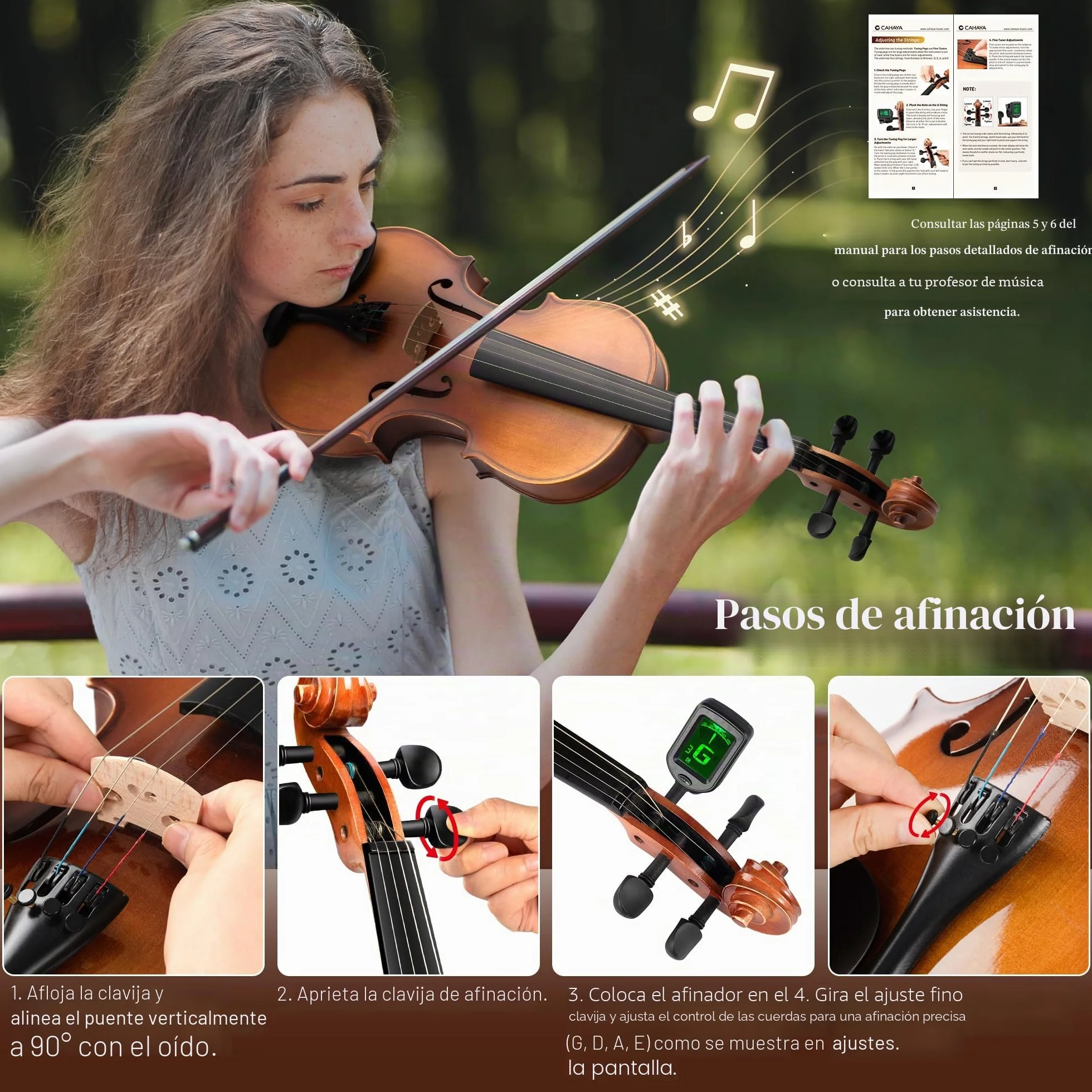 CAHAYA Violín d Madera Maciza Tamaño 4/4 – Exquisita Artesanía Conjunto de Violin con Estuche de Violín Apoya-Hombros Afinador d Resina para Principiantes y Iños arco doble