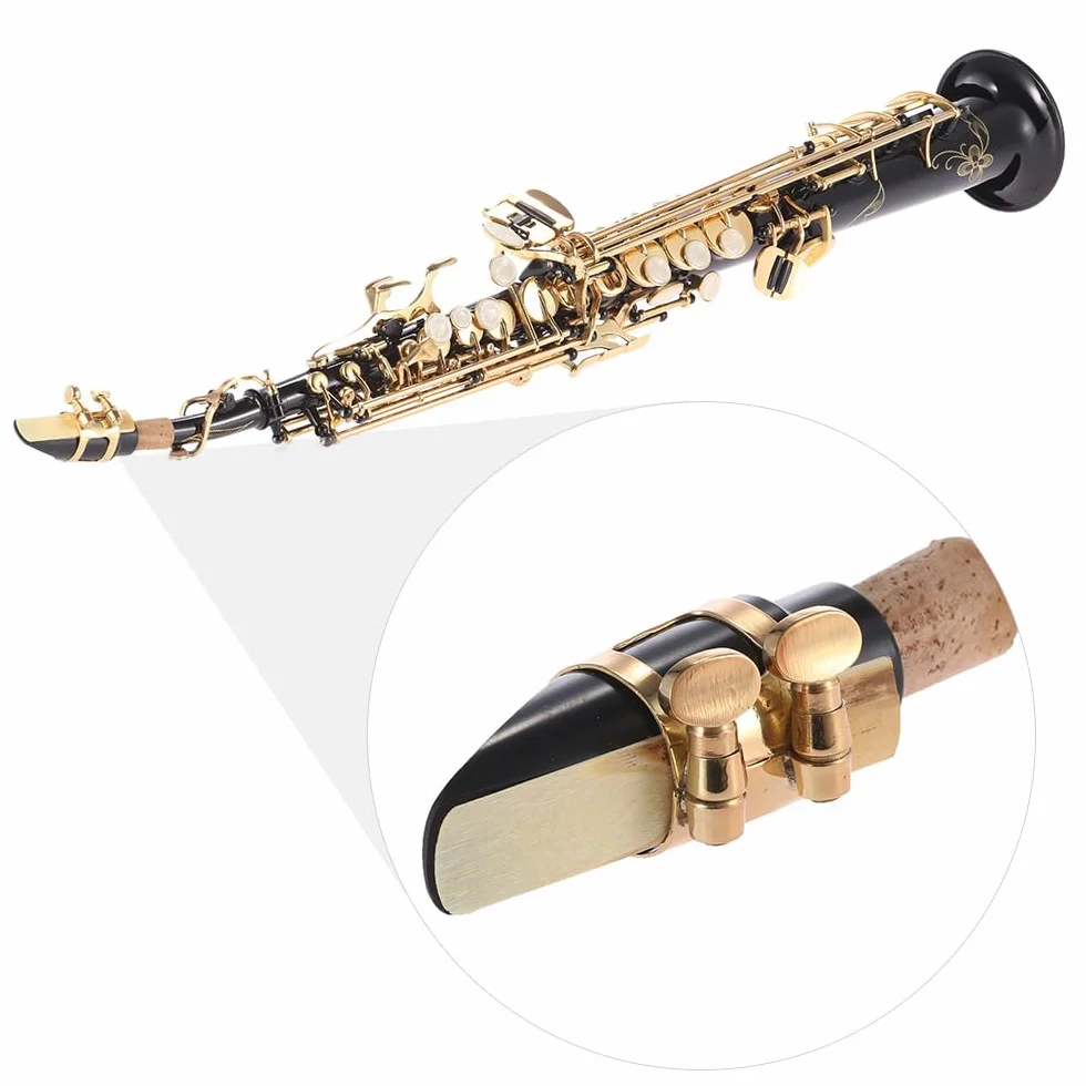 HUIOP Saxofón soprano recto de latón Saxofón Bb B Instrumento de viento de madera plano Patrón tallado de llave de concha natural con estuche de transporte Guantes Paño de limpieza Correas Varilla de