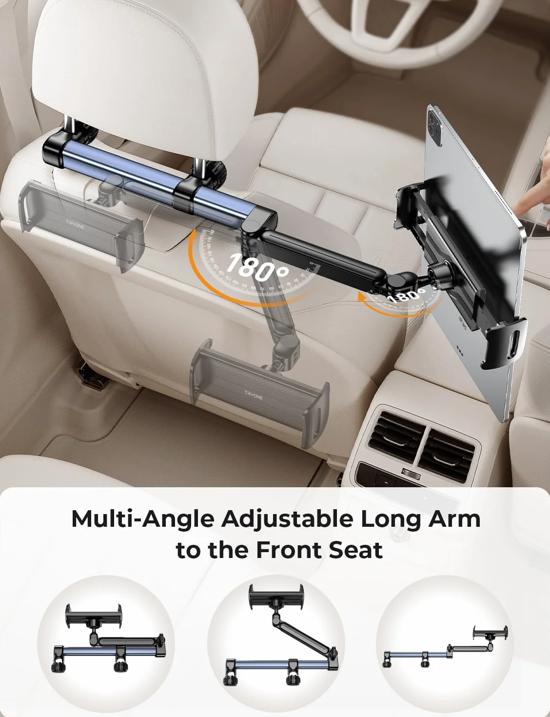 TRYONE Soporte Tablet Coche Reposacabezas 46CM Brazo Largo 3 en 1 Porta Accesorios para iPad Pro Sumsung Tab eReader Switch Móviles 4,7-13 Pulgadas
