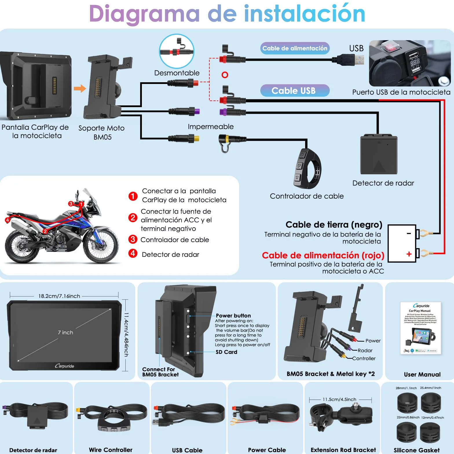 CARPURIDE W702RS Pro Motocicleta Carplay Pantalla con Radar BSD y BM05 Soporte, Inalámbrico CarPlay y Android Auto, 7" Impermeable Táctilpantalla, Intercomunicador, Dual Bluetooth, Cable Controlador.