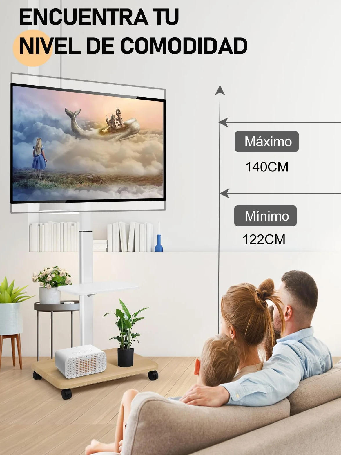 Soporte de TV Rodante Móvil para Televisores de 32-70 Pulgadas Planos/Curvos LED/LCD/OLED Altura Ajustable Soporte Portátil con Ruedas hasta 100lbs con Estante para Laptop y DVD para Exterior Blanco