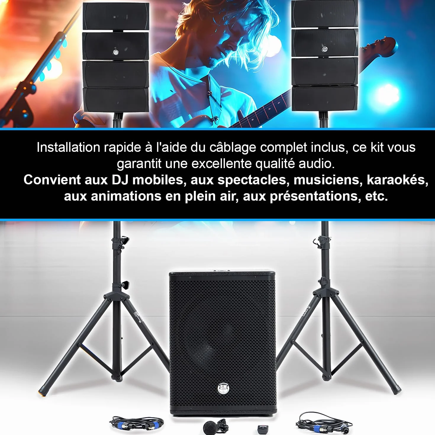Pack de sonido DJ completo 2400 W BM Bmsonic BMS-15-ARRAY-BT, 4 altavoces satélites, cajas de 38 cm USB/Bluetooth soportes cables