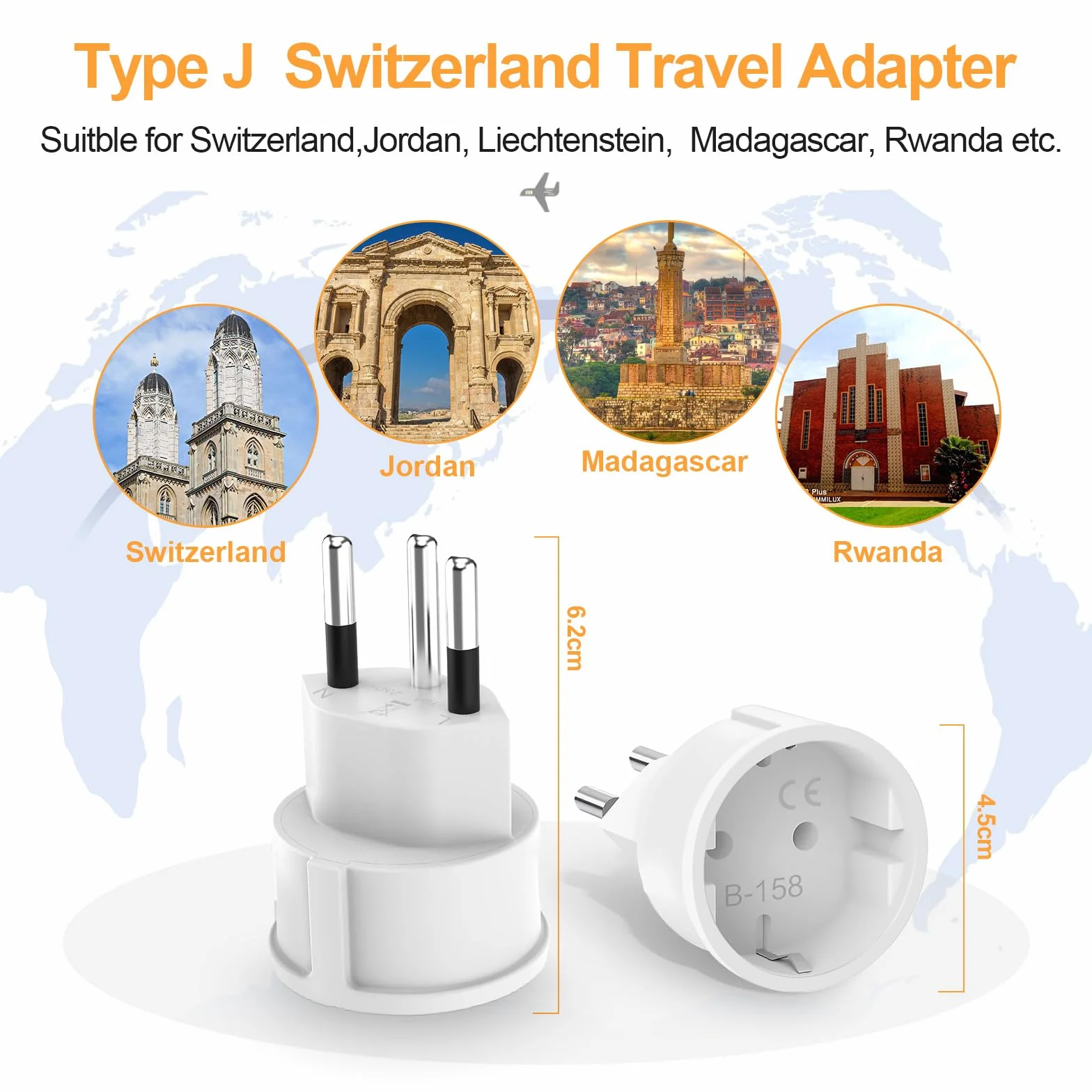Adaptador Enchufe Suiza, 3 Piezas Adaptador Enchufe Suiza España, Adapter de UE a Switzerland, Adapter Schuko Europa a Tipo J para Suiza, Maldivas, Ruanda, Liechtenstein