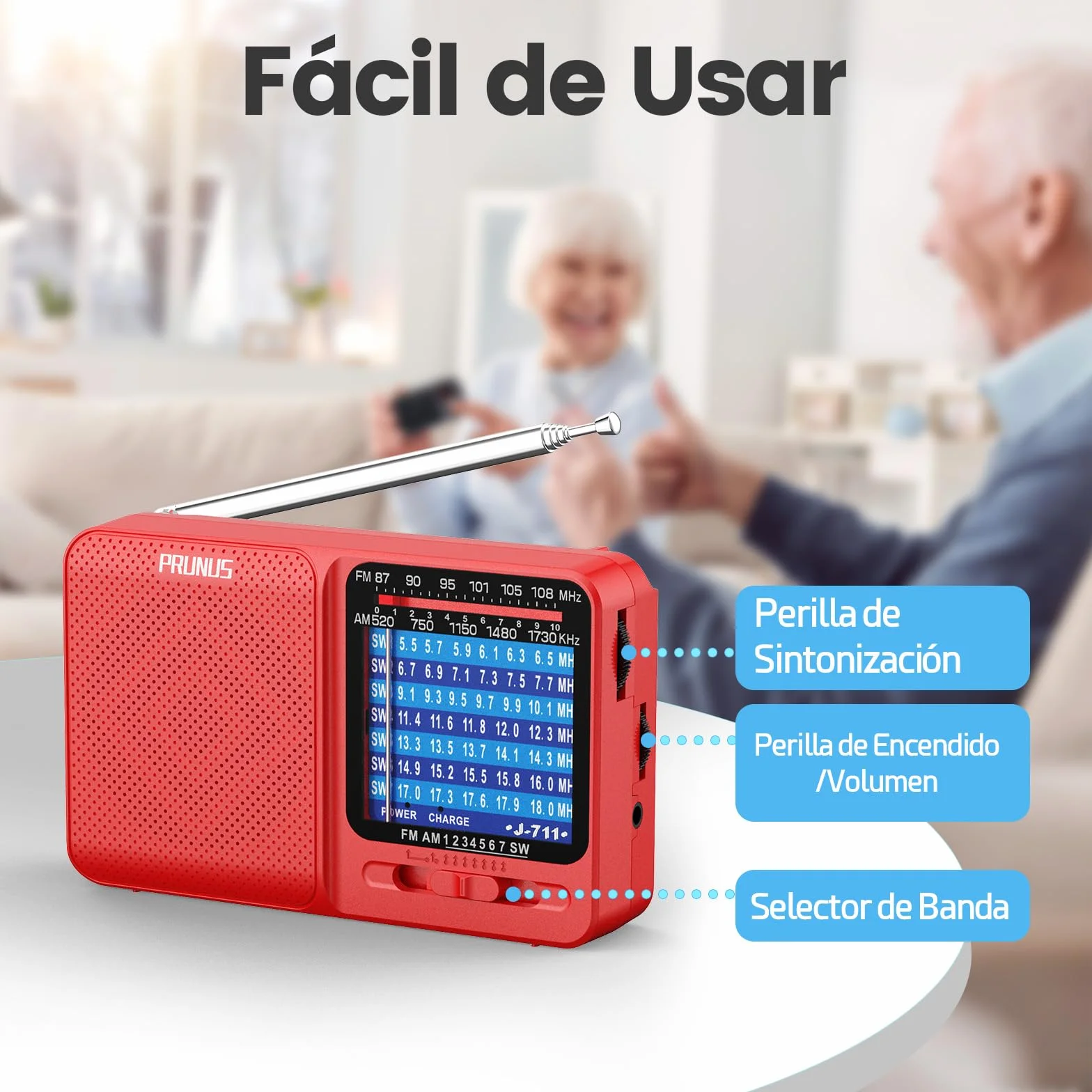 PRUNUS J-711 Radio Portátil Pequeña Recargable AM/SW/FM, Transistor con Pilas AA y USB-C, Rojo