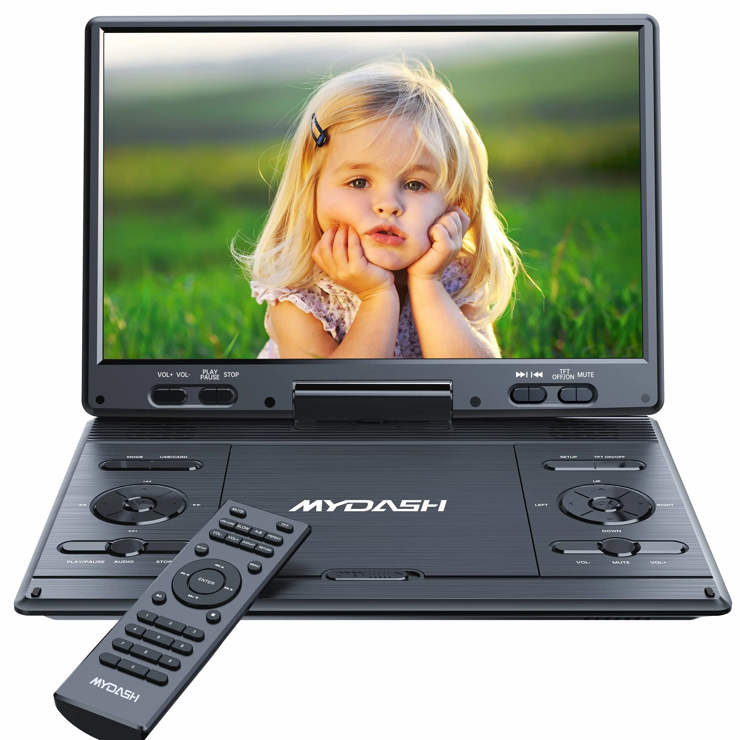 Reproductor de DVD portátil 14.1 para coche para niños con pantalla giratoria HD de 12.5 pulgadas, diseño exclusivo de teclas, función de proyector de sincronización, puerto USB/SD.