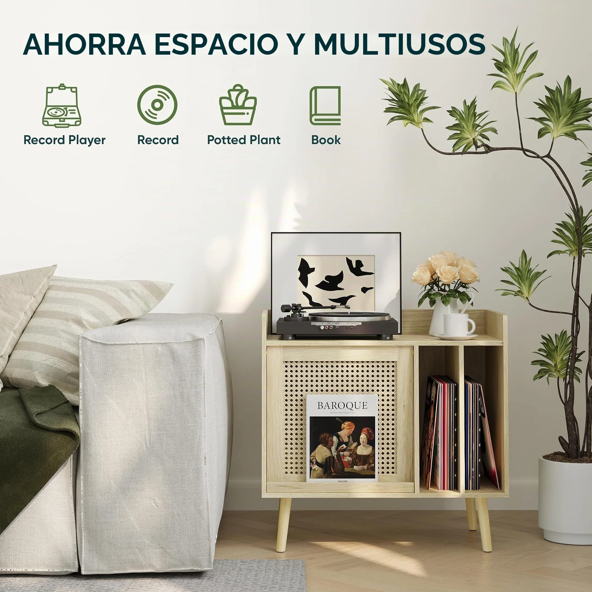 Semiocthome Soporte para tocadiscos con almacenamiento de vinilo, mesa de tocadiscos con puerta de armario de ratán, soporte para discos de vinilo con área de exhibición, mesa auxiliar con patas de