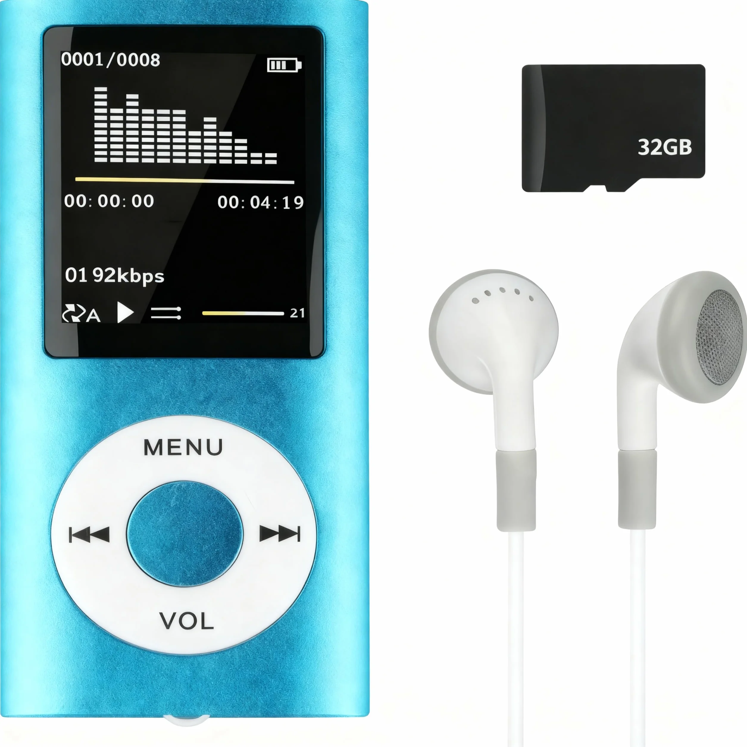 Reproductor de MP3/reproductor de MP4,Compatible con Tarjeta de Memoria de hasta 32 GB, Pantalla HD de 1.8 Pulgadas, Reproductor de Música Portátil con Auriculares,(Azul)