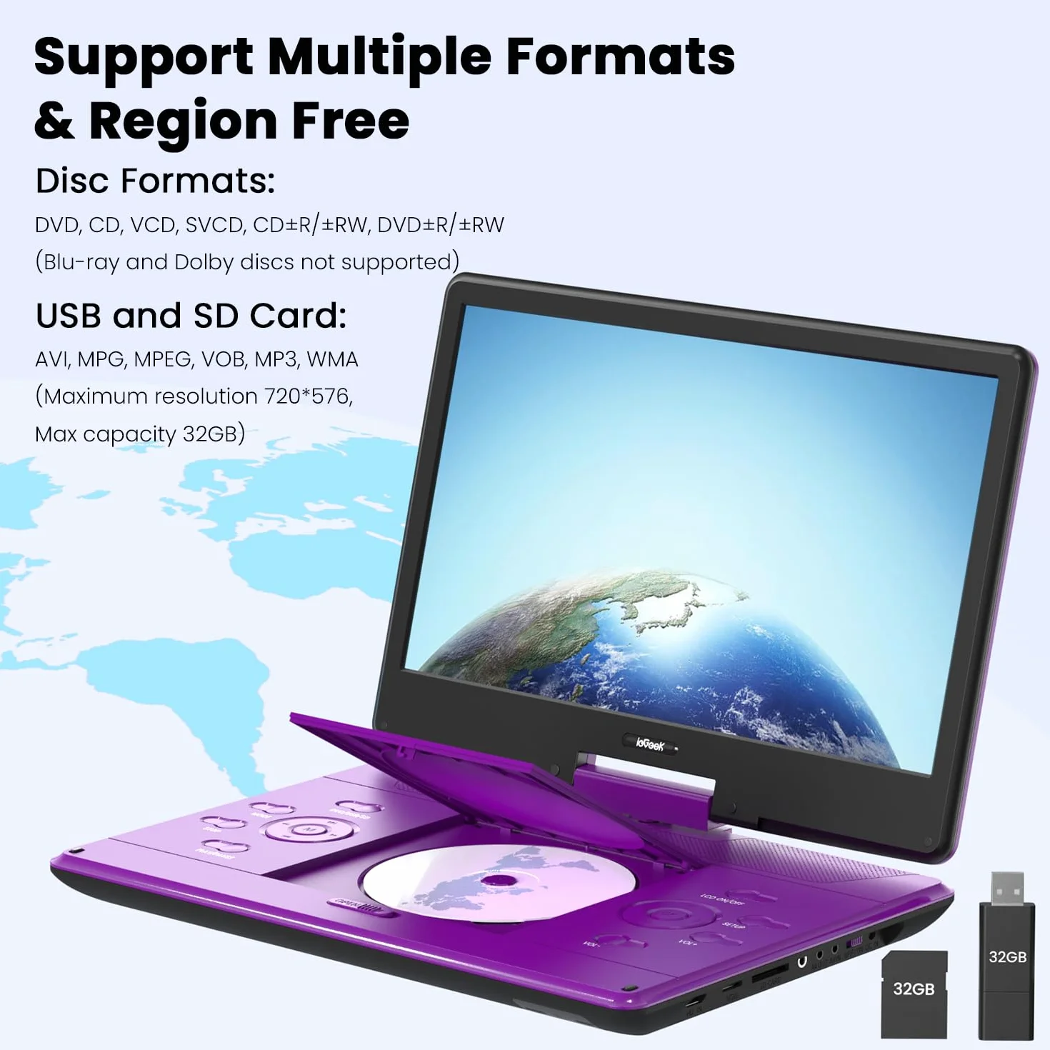 ieGeek Reproductor de DVD portátil de 16.9 pulgadas con pantalla giratoria de 14.1 pulgadas, entrada HDMI, batería recargable de 6 horas, sin región, reproducción USB/SD, regalo ideal para personas