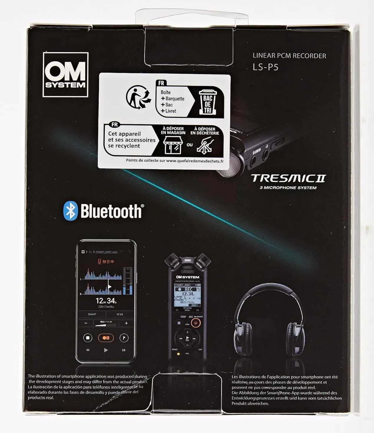 OM System LS-P5 Grabadora de Audio Hi-Res – Sistema TRESMIC II de 3 Micrófonos, Bluetooth, 16GB, 37h de Autonomía, Grabaciones Profesionales, Control Smartphone, USB, PCM/FLAC/MP3