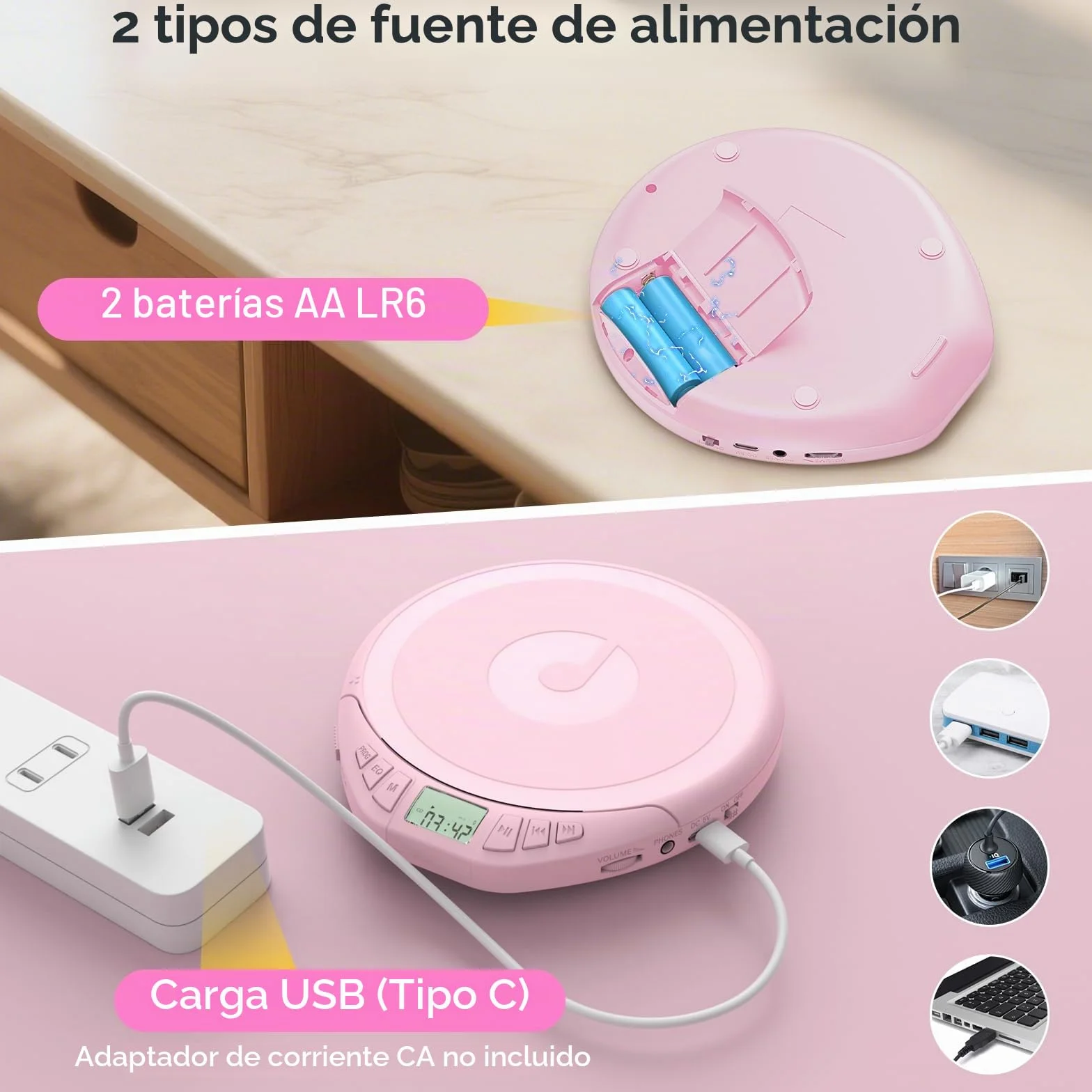 Gueray Reproductor de CD Portátil con Pantalla LCD Protección Anti-Saltos HiFi Rosa