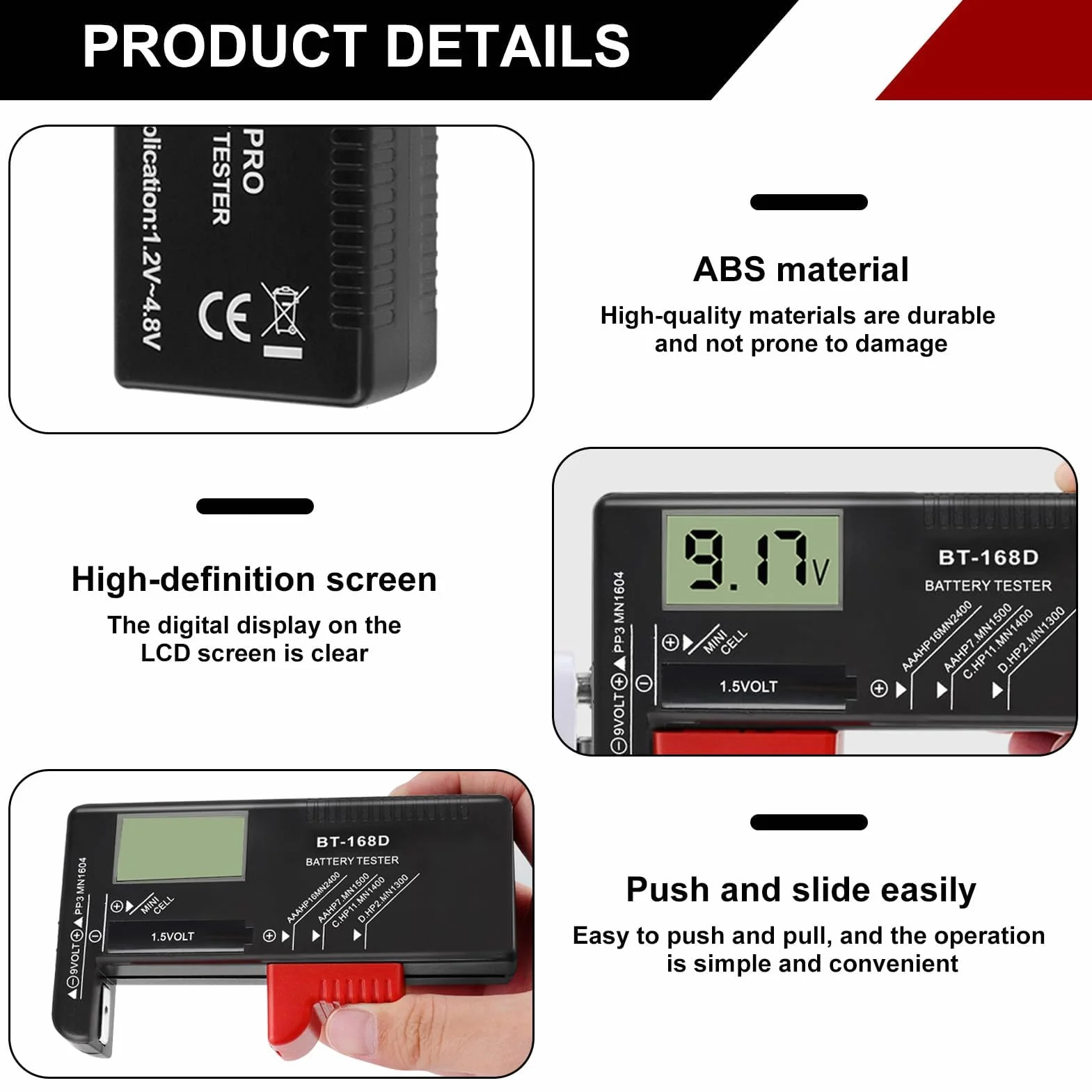 Comprobador de Pilas y Baterías Universal Digital BT-168D para Pantalla LCD, Medidor de Carga Pilas AA AAA C D 9V 1,5V y Pilas de Botón, Battery Tester Compacto y Portátil para Uso Doméstico