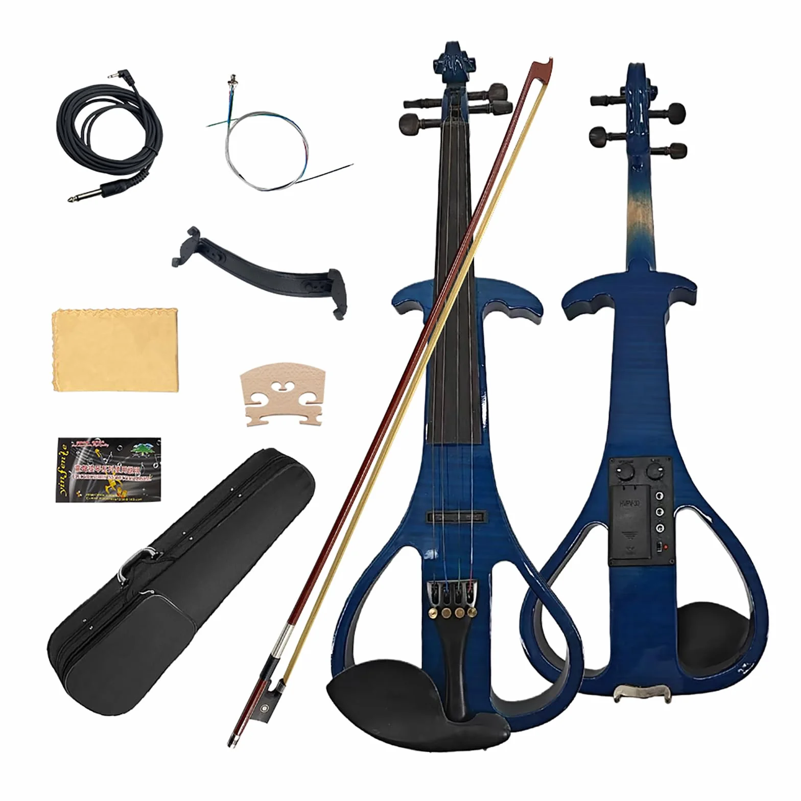 Violín eléctrico de 4 cuerdas, tamaño completo 4/4, violín eléctrico silencioso negro, madera maciza azul, violín eléctrico de colores mezclados con accesorios de ébano, kit de