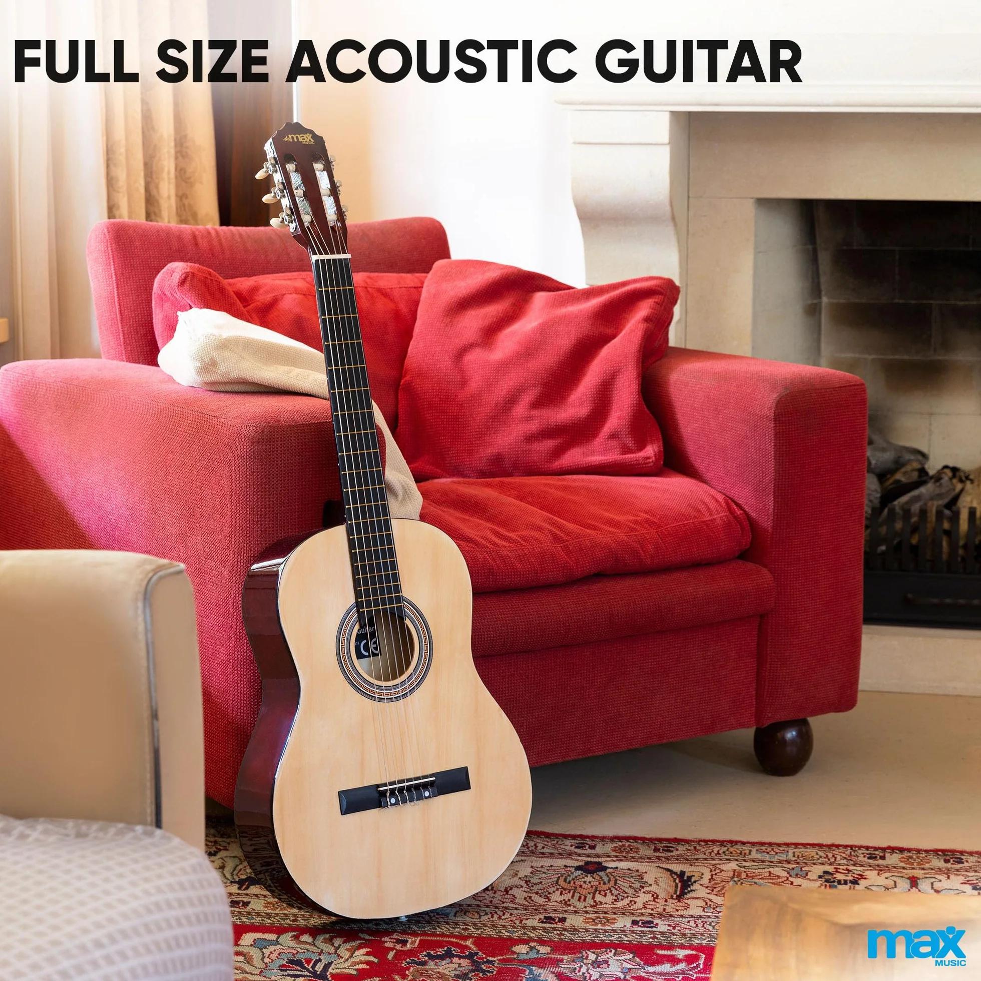 MAX SoloArt Guitarra clasica con cuerdas de nailon para Principiantes Adultos - guitarra flamenca con Funda, Afinador, Púa, Correa y Accesorios - Guitarra Española 4/4 en Madera Natural