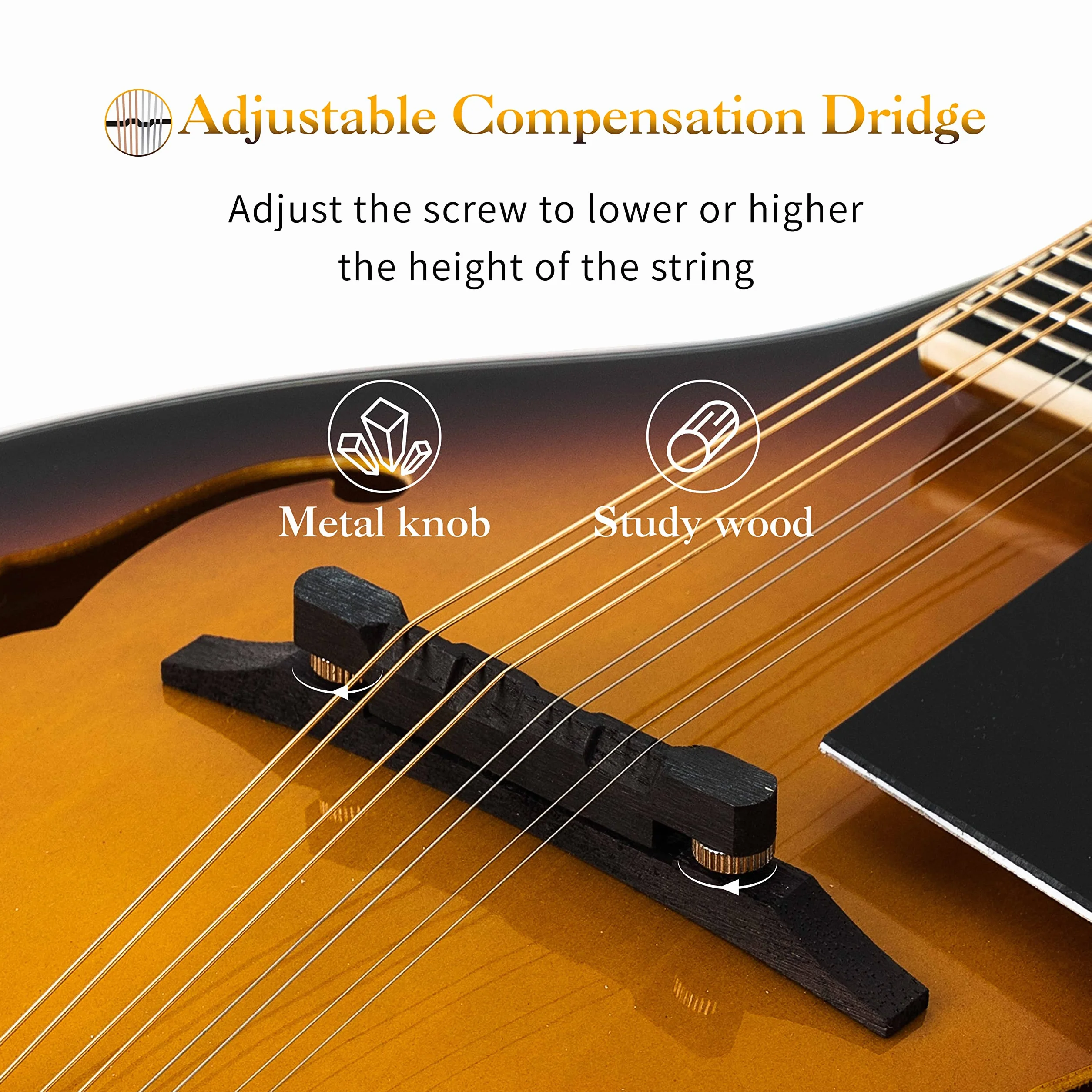 Mulucky Instrumento de mandolina de estilo A, mandolina acústica de 8 cuerdas para principiantes, kit de instrumentos musicales de madera de caoba ML-A-S con bolsa de concierto, afinador digital