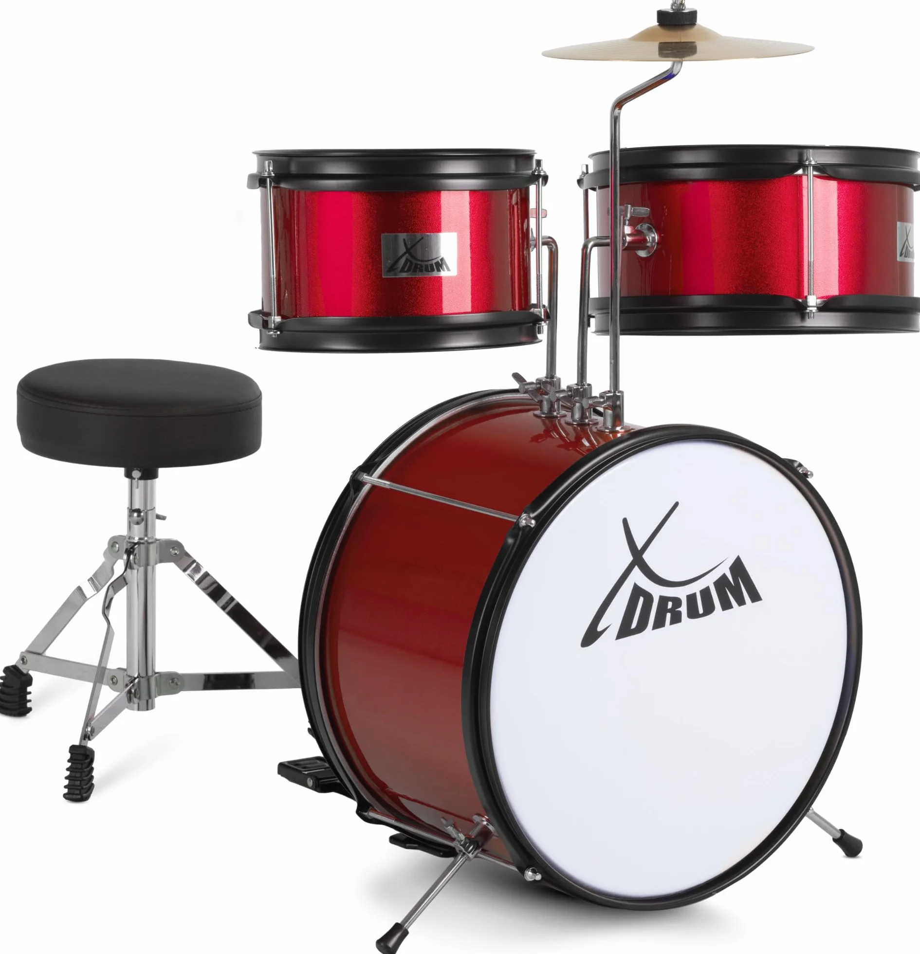 Batería XDrum Junior KIDS Incl. Escuela - Batería Compacta Para Niños - Para Niños De 3 A 5 Años - Montaje Muy Fácil - Con Escuela, Taburete, Baquetas Y Llave De Afinación - Roja