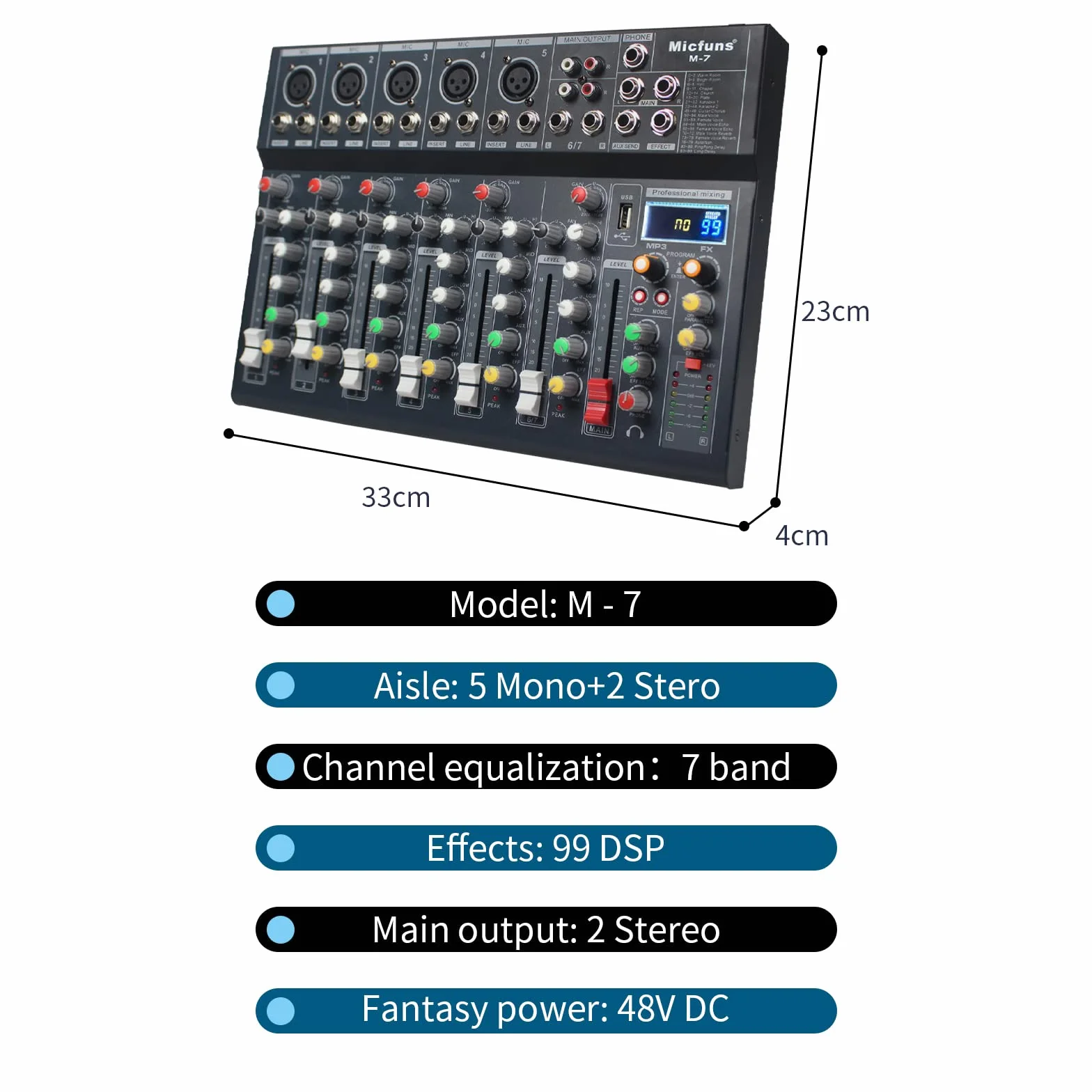 M7 - Mezcladores de grabación sin alimentación de 5 V con 99DSP, MP3, USB, DJ, Bluetooth, consola mezcladora de audio de 48 V, tablas de mezcla de bandas de 7 canales para grabación de estudio