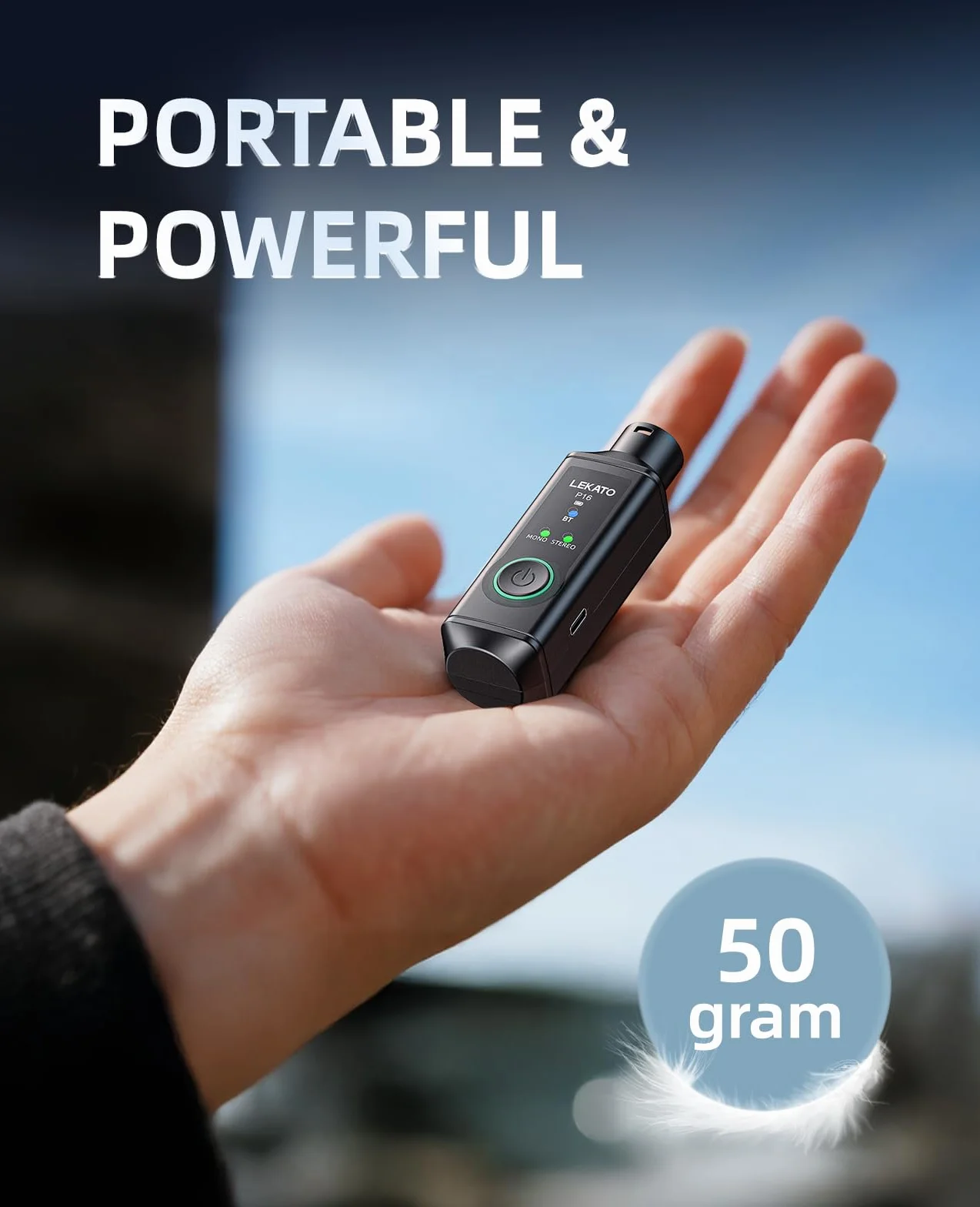LEKATO P16 Receptor Bluetooth XLR, Audio Mono/Estéreo, Autonomía 15 h, Bluetooth 5.3, 48 kHz/24 bits, Alcance 50 m, para Mezcladores, DJ y Sistemas PA