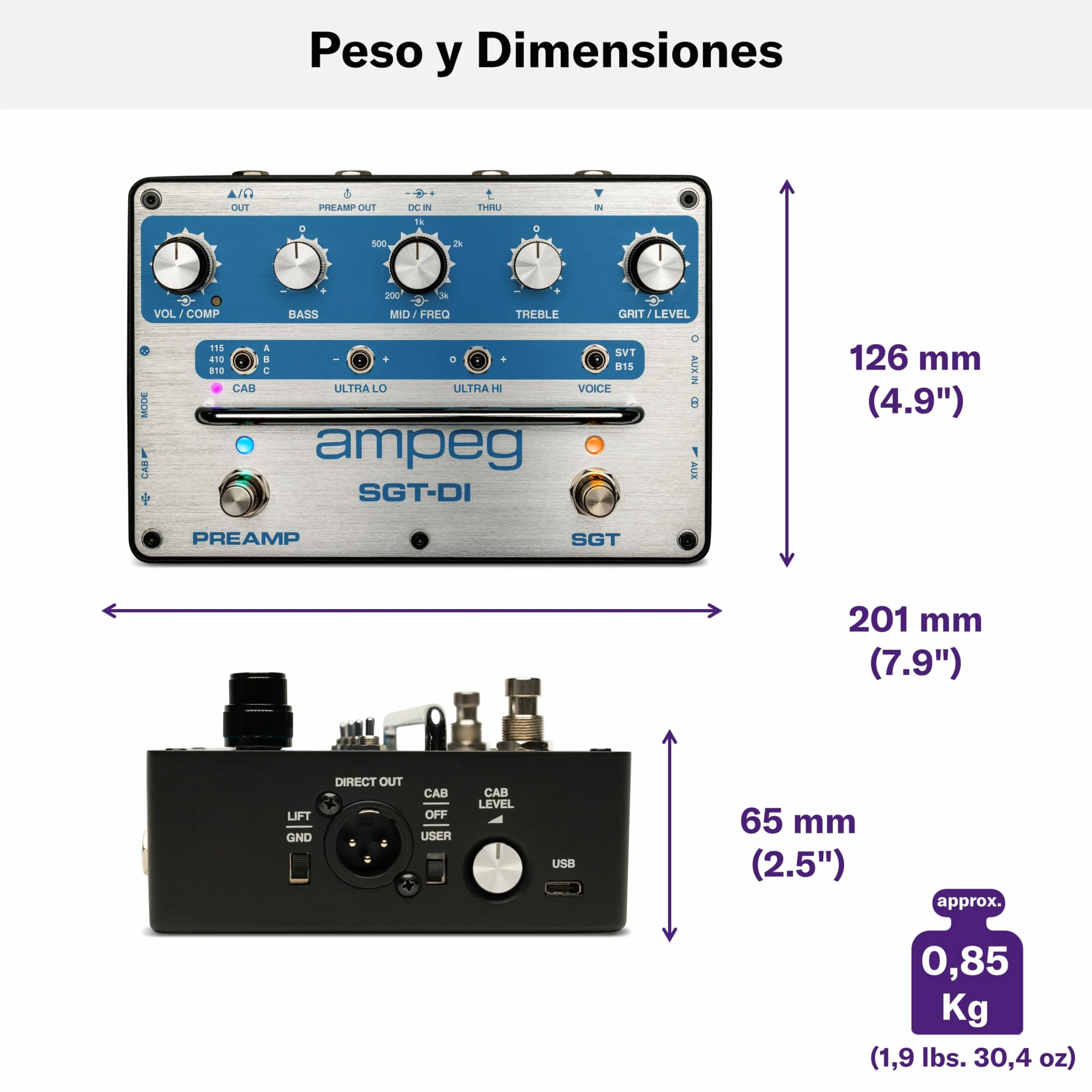 AMPEG SGT-DI Bass Preamp Blue Line Anniversary Edition-Preamplificador Ampeg conmutado por pedal con voicings SVT/B15, IR Loader, EQ de 3 bandas con medios barribles, compresor y filtros Ultra-Hi/Lo