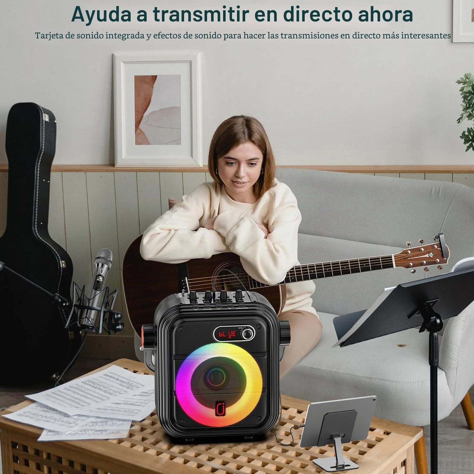JYX Karaoke con 2 Microfonos Inalambricos, Altavoz Karaoke Profesional Completo con Luces de Fiesta, Portátil Karaoke con PA Sistema Soporta TWS/AUX/FM/USB/Tarjeta TF/Rec