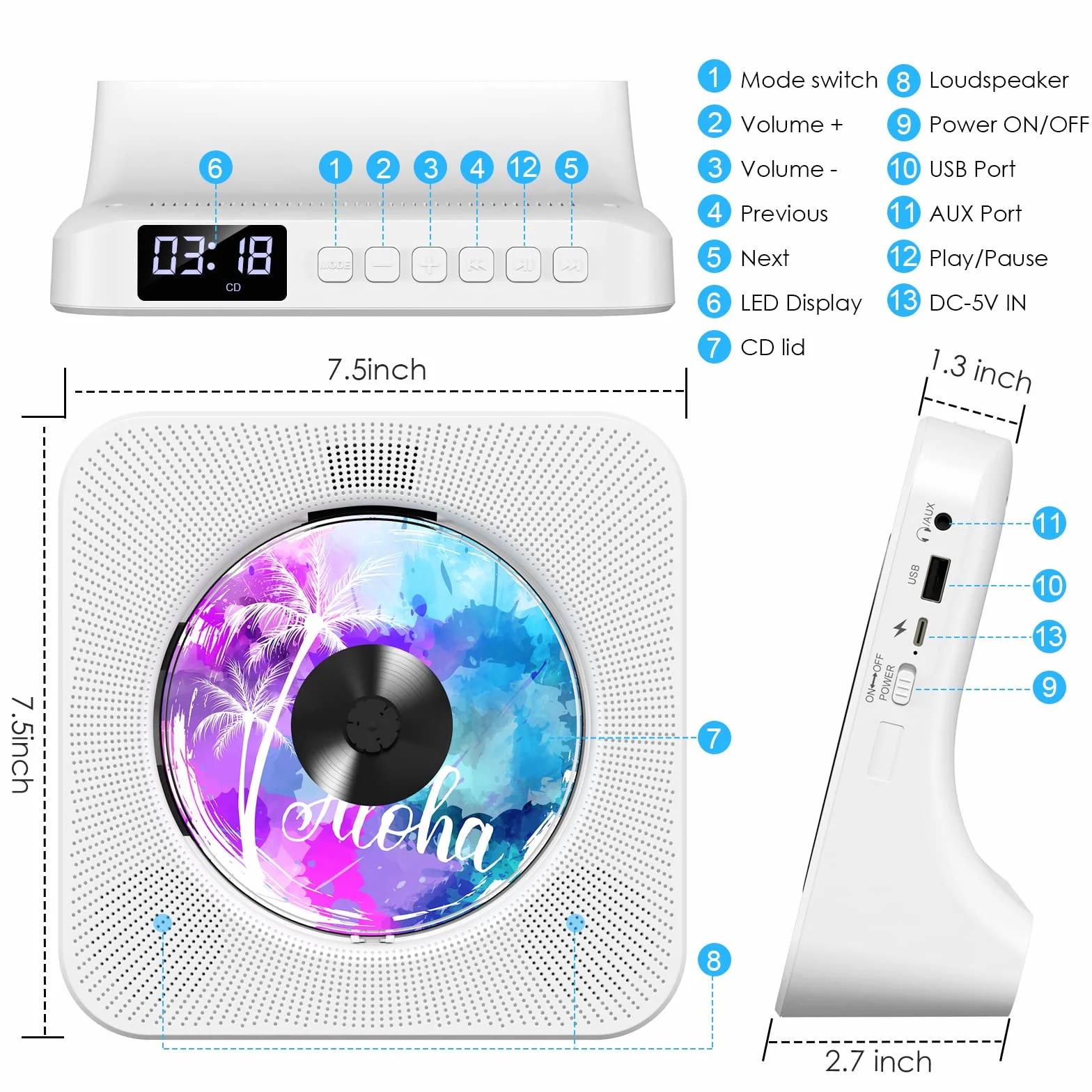 Gueray Reproductor de CD Portátil Bluetooth Montaje en Pared Altavoces HiFi Dobles Radio FM (Blanco)