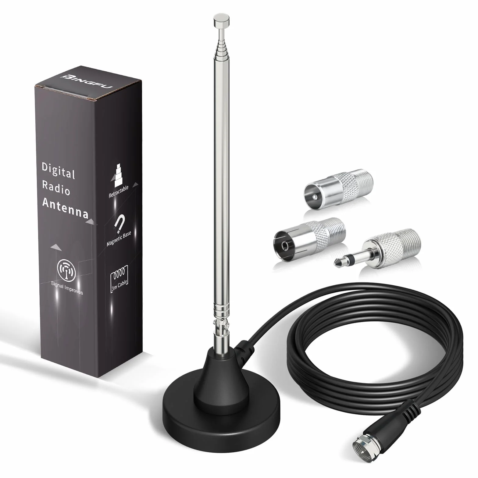 Bingfu Antena Dab FM Radio Telescópica Digital para Interiores Base Magnética Cable 3M para 75 Ohm Hogar AV Audio Video Receptor