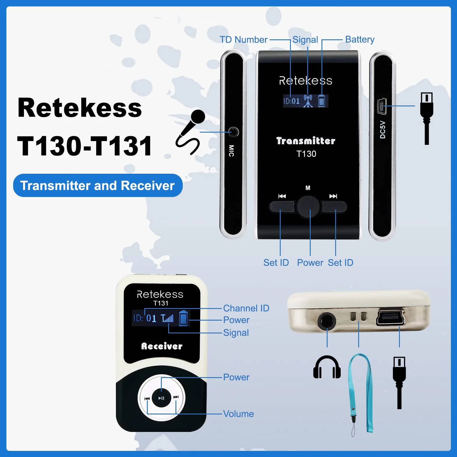 Retekess T130-T131 Sistema de Guía Turístico Inalámbrico, Sistema de Guía de Audio Whisper, 99 Canales, 60 m, Sistema de Audioguía de Entrenamiento Ecuestre, para Entrenamiento Ecuestre