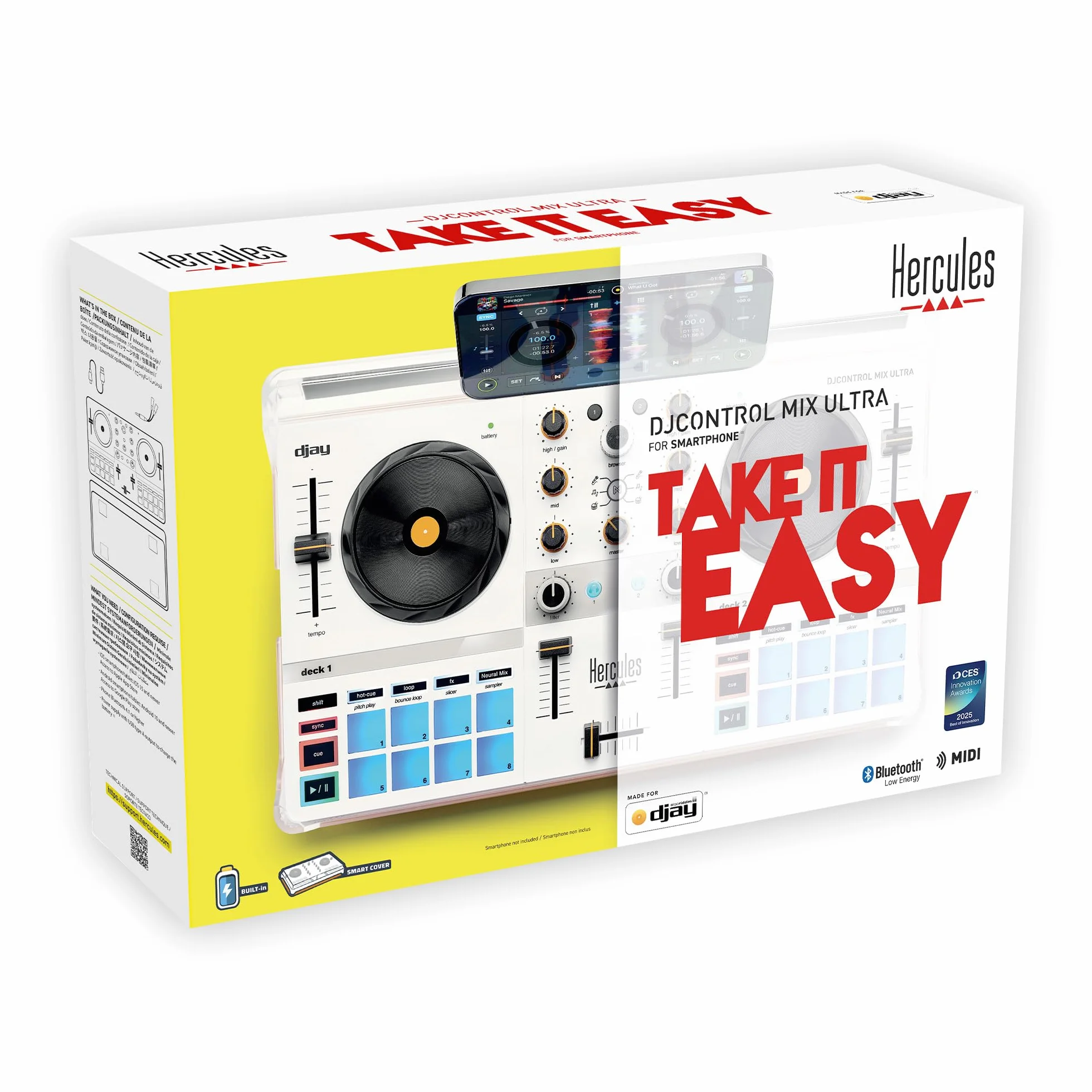 Hercules DJControl Mix - Controladora DJ Inalámbrica Bluetooth para Smartphone (iOS y Android, Algoriddim djay Incluido, Portátil, 2 Decks con 8 Pads) Blanco