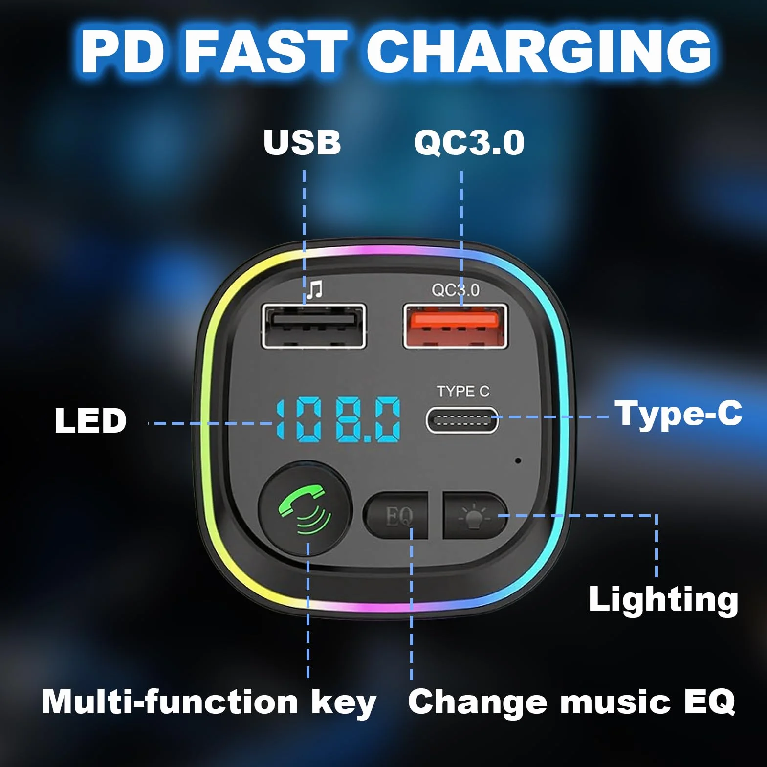 Transmisor FM Bluetooth para Coche, Adaptador de Manos Libres con 2 USB 5V/3A, QC 3.0+Tipo C 20W PD, Llamadas Manos Libres, MP3 Estéreo Música Coche