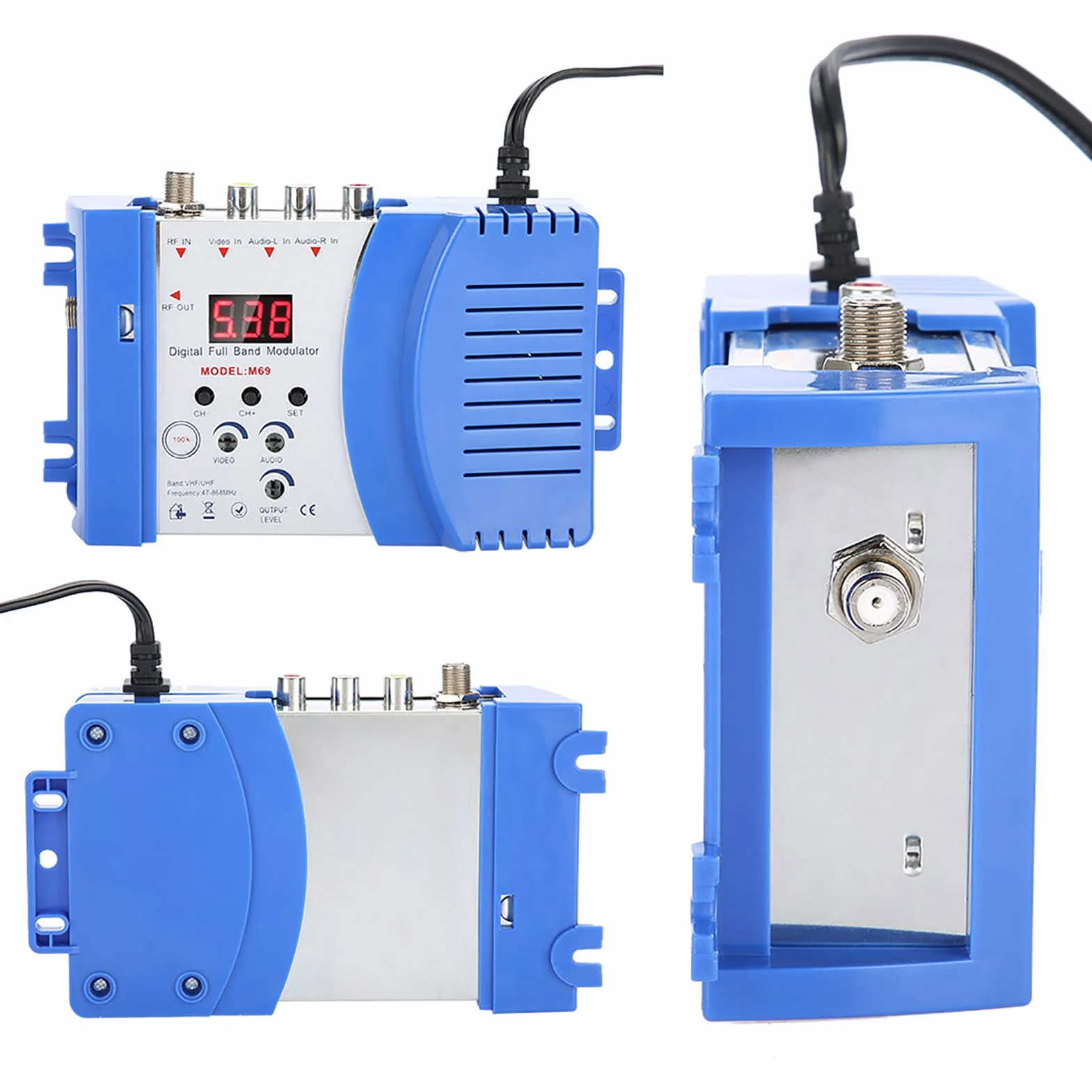 Modulador RF, Modulador M69L para TV Doméstica, Convertidor de Señal AV a RF, Adaptador de Frecuncia Dual VHF y UHF, Conversor con Salidas Ajustables, Compatible con Todos los Sistemas CATV(Plug UE.)