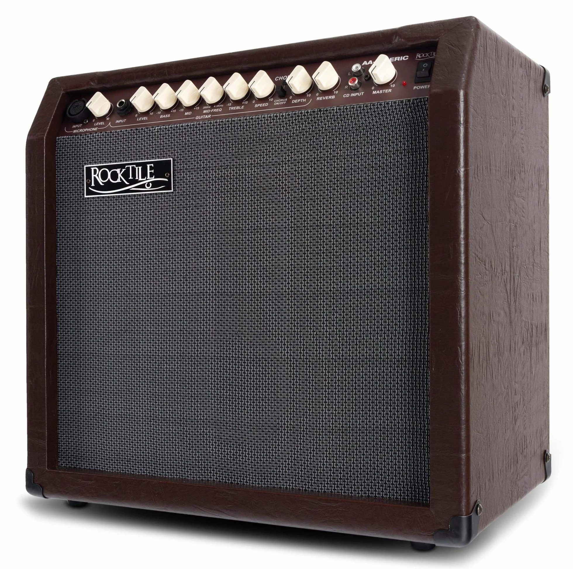 Rocktile AA-30 BN Eric Amplificador Acústico 30W, 2 Canales (Mic y Guitarra), Altavoz 10" + Tweeter 2.5", Entrada AUX, Salida línea, Efectos Chorus y Reverb, Color marrón.