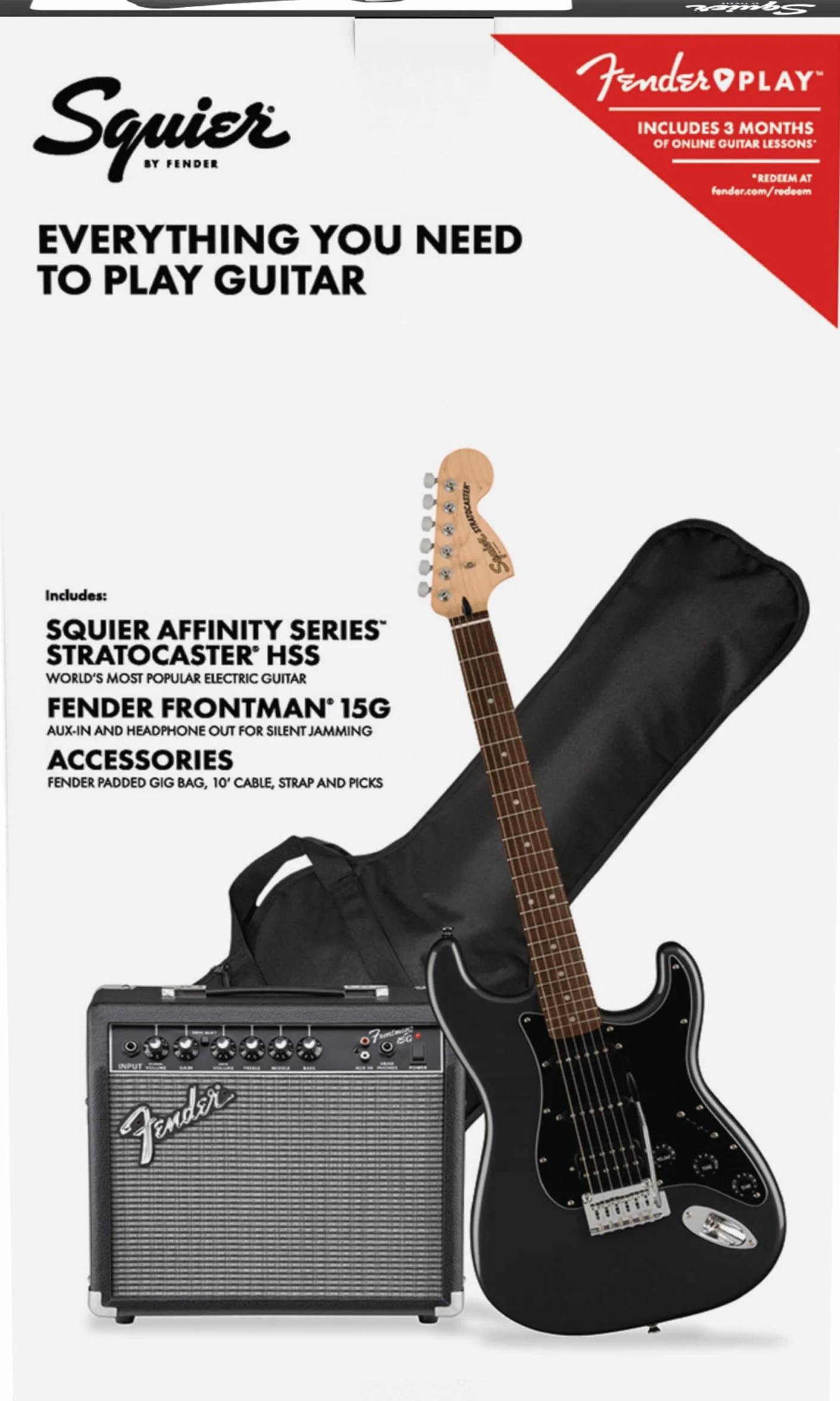 Squier by Fender Pack Affinity HSS, Charcoal Frost Metallic, con amplificador, pack de guitarra eléctrica, Incluye cursos virtuales gratuitos en Fender Play
