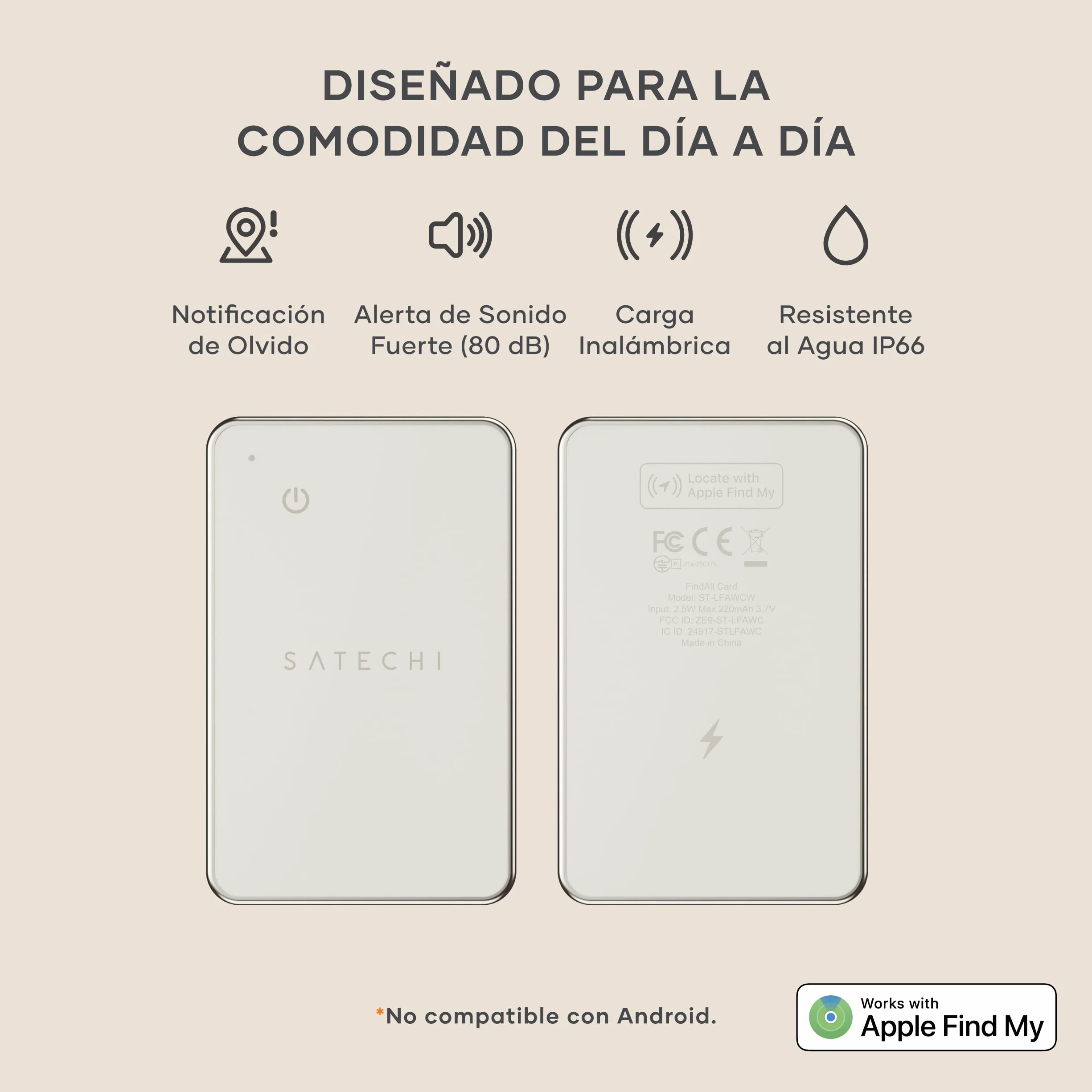 SATECHI FindAll Air Tag Card GPS para Carteras con Apple Find My, Alerta de Olvido, Sonido Potente, Carga Inalámbrica, Tarjeta GPS Ligera, Localizador Cartera para iPhone, iPad, Mac – Beige