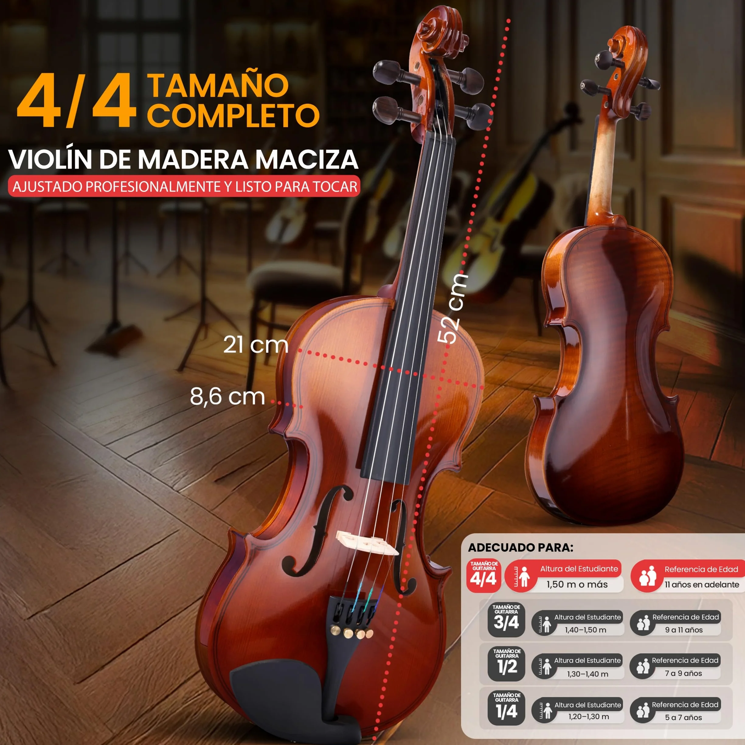 Pyle violin 4/4, Set para principiante y niños, Con estuche, Paño de limpieza, Reposabrazos ergonomico, Afinador digital, Cuerdas adicionales