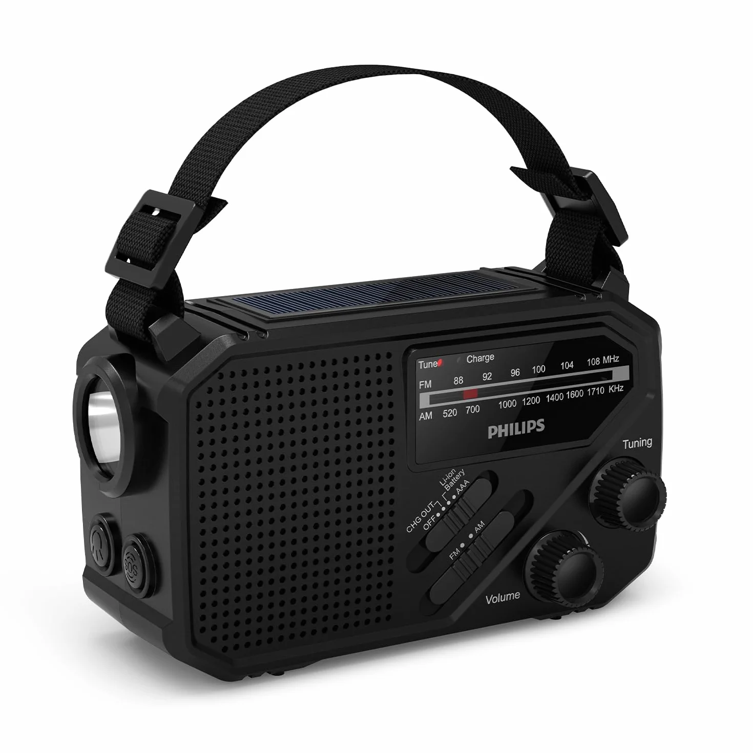 Philips TAR1609: radio portátil FM/AM con batería interna recargable, pilas AAA y manivela de soporte, energía solar, luz LED y linterna integrada para camping, senderismo o SI HAY cortes de corriente