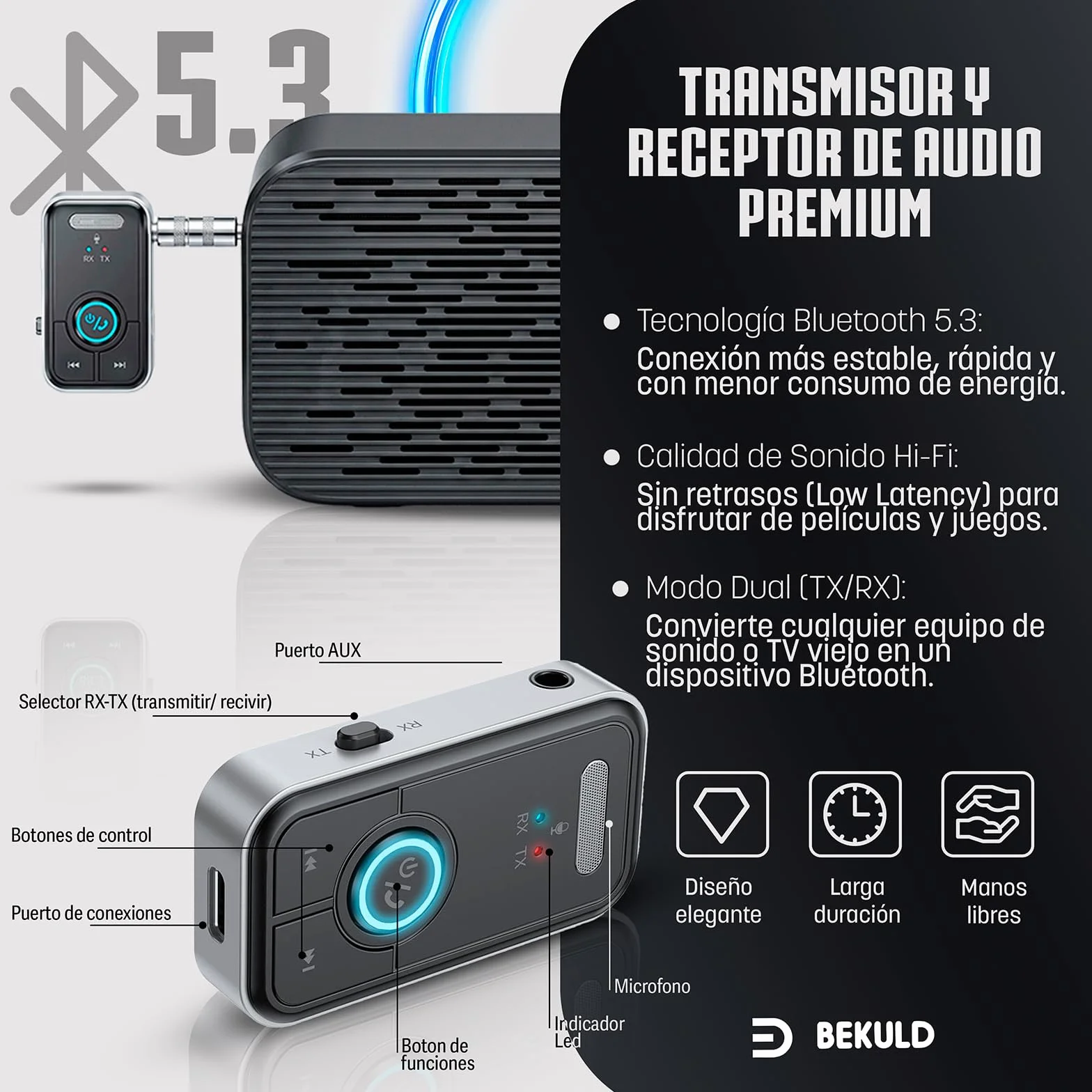 Super Pack Receptor Bluetooth y Transmisor Bluetooth 5.3 Jack 3.5 + RCA | Adaptador Bluetooth Coche AUX y TV | Manos Libres Coche Bluetooth HD, Baja latencia, batería 12h