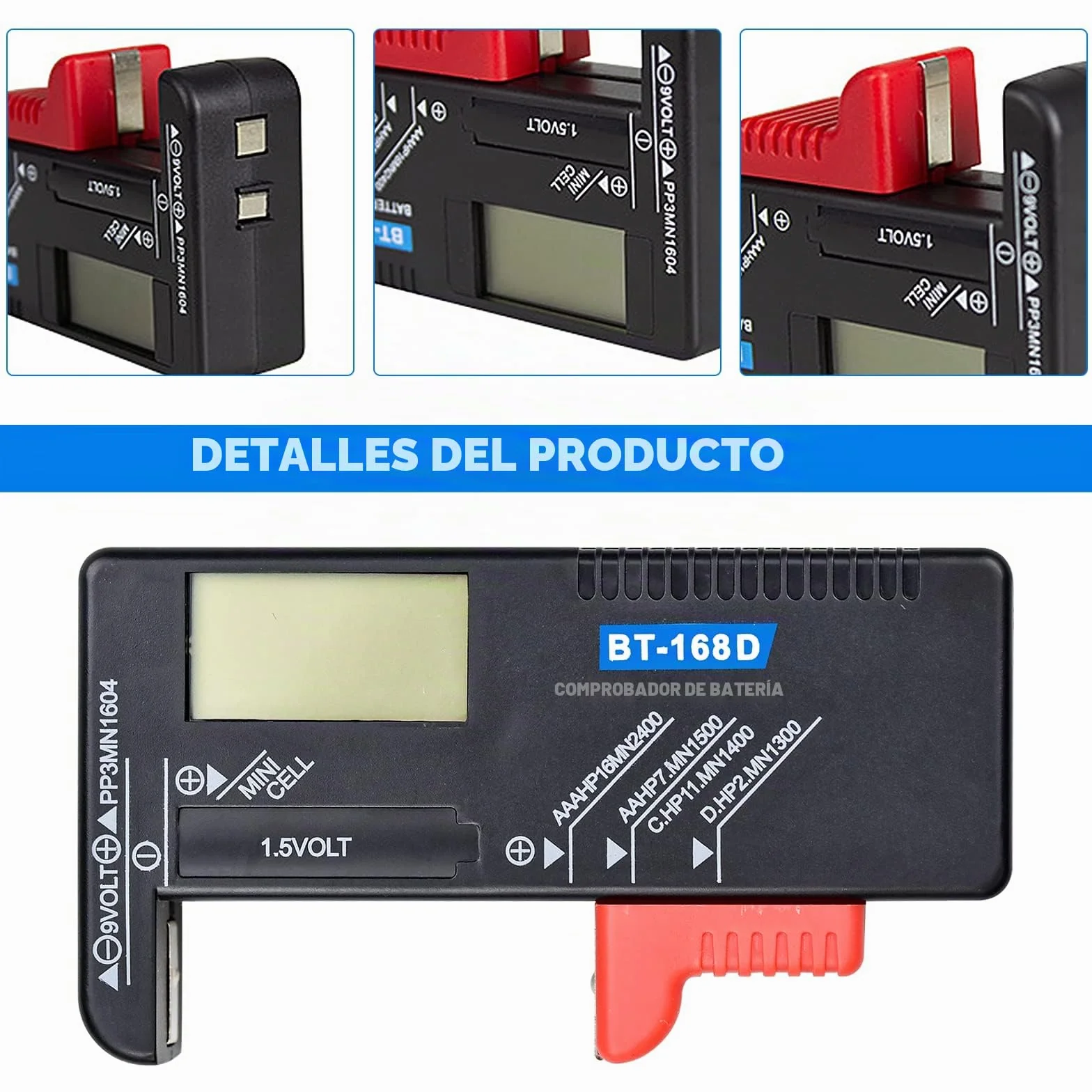 Comprobador de Pilas BT-168D - Medidor LCD Digital Universal Para AA/AAA/C/D/9V/1,5V y Pilas de Botón