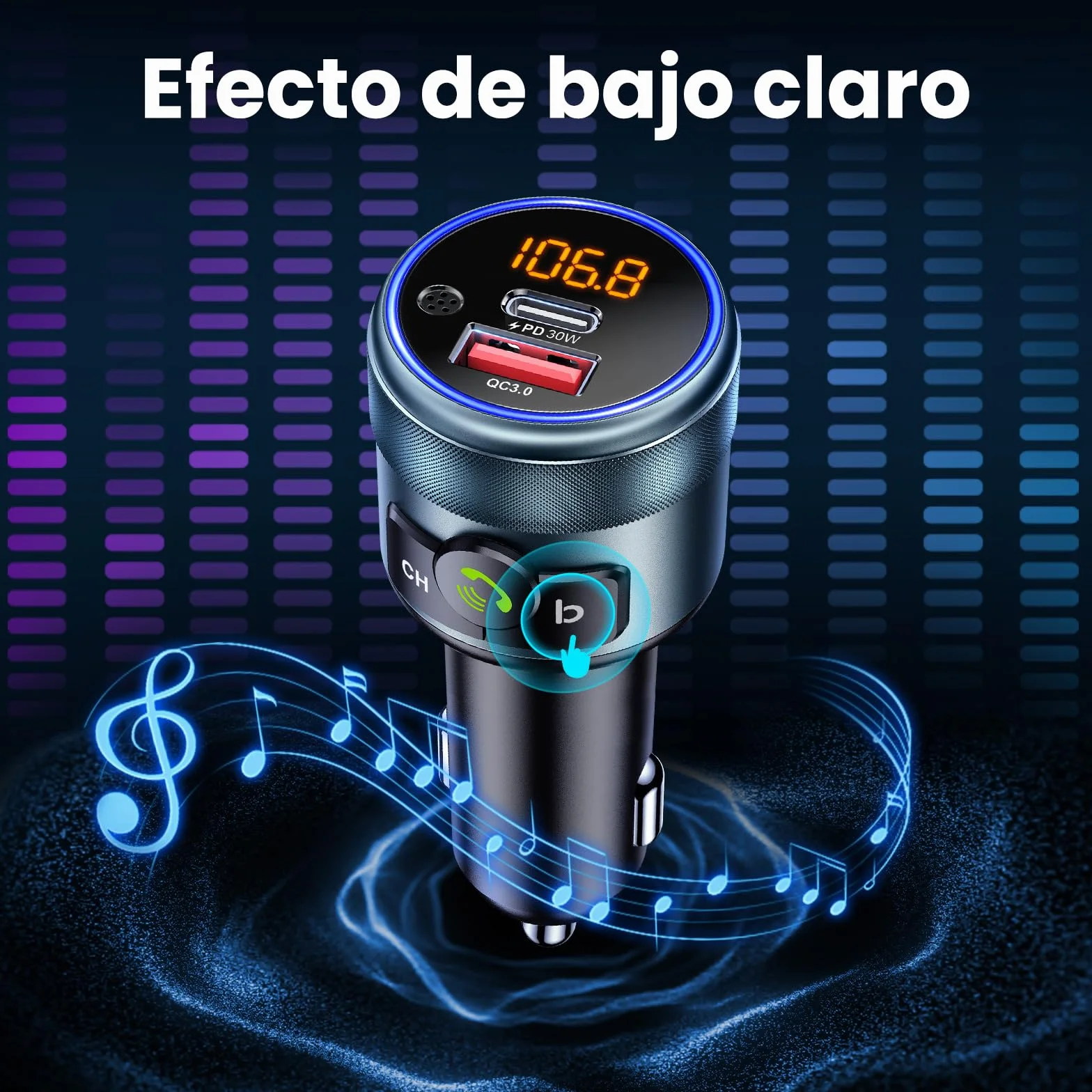 GizmoVine Transmisor FM Bluetooth Coche, Bluetooth 5.3, 48W Carga Rápida Dual (PD 30W + QC3.0 18W), Manos Libres, Refuerzo de Graves, Reproductor MP3, Adaptador Bluetooth Coche Mechero