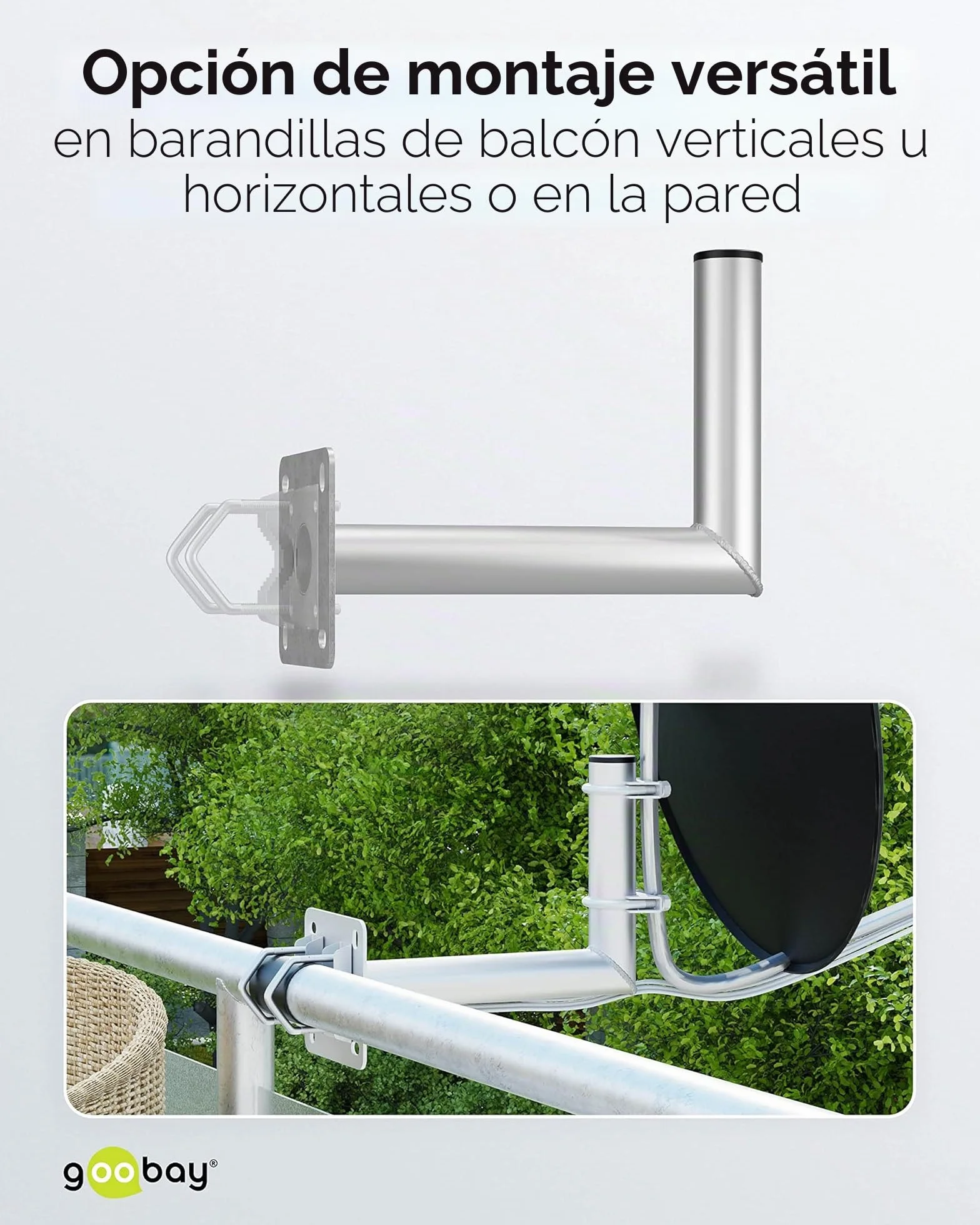 goobay 60503 - Soporte de pared para antena parabólica de hasta 85 cm, soporte para mástil, soporte angular, soporte de pared, soporte de antena con distancia a la pared de 350 mm